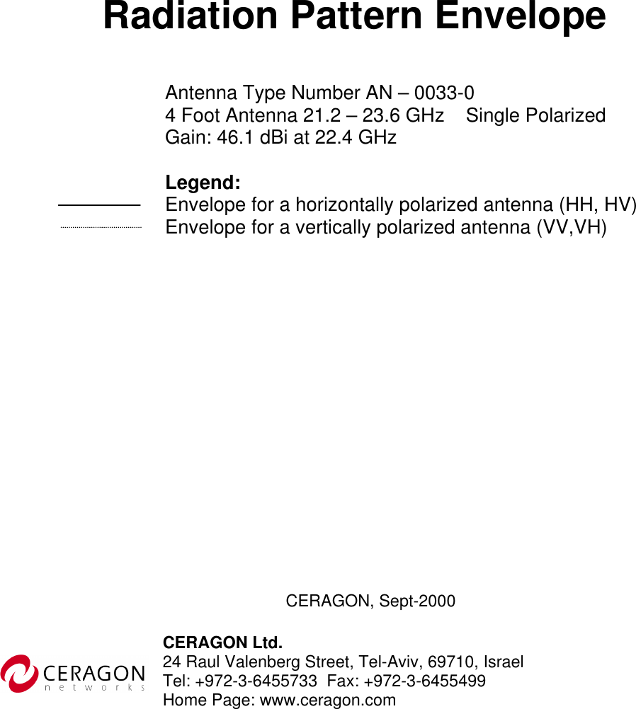      Radiation Pattern Envelope  Antenna Type Number AN – 0033-0 4 Foot Antenna 21.2 – 23.6 GHz  Single Polarized Gain: 46.1 dBi at 22.4 GHz  Legend: Envelope for a horizontally polarized antenna (HH, HV) Envelope for a vertically polarized antenna (VV,VH)                   Tel: +972-3-6455733  Fax: +972-3-6455499     CERAGON, Sept-2000 CERAGON Ltd. Home Page: www.ceragon.com24 Raul Valenberg Street, Tel-Aviv, 69710, Israel 