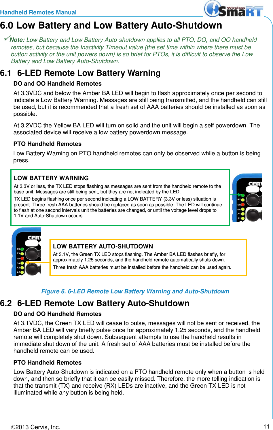 Handheld Remotes Manual 2013 Cervis, Inc.     11 6.0 Low Battery and Low Battery Auto-Shutdown Note: Low Battery and Low Battery Auto-shutdown applies to all PTO, DO, and OO handheld remotes, but because the Inactivity Timeout value (the set time within where there must be button activity or the unit powers down) is so brief for PTOs, it is difficult to observe the Low Battery and Low Battery Auto-Shutdown. 6.1  6-LED Remote Low Battery Warning DO and OO Handheld Remotes At 3.3VDC and below the Amber BA LED will begin to flash approximately once per second to indicate a Low Battery Warning. Messages are still being transmitted, and the handheld can still be used, but it is recommended that a fresh set of AAA batteries should be installed as soon as possible. At 3.2VDC the Yellow BA LED will turn on solid and the unit will begin a self powerdown. The associated device will receive a low battery powerdown message. PTO Handheld Remotes Low Battery Warning on PTO handheld remotes can only be observed while a button is being press.   Figure 6. 6-LED Remote Low Battery Warning and Auto-Shutdown 6.2  6-LED Remote Low Battery Auto-Shutdown DO and OO Handheld Remotes At 3.1VDC, the Green TX LED will cease to pulse, messages will not be sent or received, the Amber BA LED will very briefly pulse once for approximately 1.25 seconds, and the handheld remote will completely shut down. Subsequent attempts to use the handheld results in immediate shut down of the unit. A fresh set of AAA batteries must be installed before the handheld remote can be used. PTO Handheld Remotes Low Battery Auto-Shutdown is indicated on a PTO handheld remote only when a button is held down, and then so briefly that it can be easily missed. Therefore, the more telling indication is that the transmit (TX) and receive (RX) LEDs are inactive, and the Green TX LED is not illuminated while any button is being held.  LOW BATTERY WARNING At 3.3V or less, the TX LED stops flashing as messages are sent from the handheld remote to the base unit. Messages are still being sent, but they are not indicated by the LED. TX LED begins flashing once per second indicating a LOW BATTERY (3.3V or less) situation is present. Three fresh AAA batteries should be replaced as soon as possible. The LED will continue to flash at one second intervals unit the batteries are changed, or until the voltage level drops to 1.1V and Auto-Shutdown occurs. LOW BATTERY AUTO-SHUTDOWN At 3.1V, the Green TX LED stops flashing. The Amber BA LED flashes briefly, for approximately 1.25 seconds, and the handheld remote automatically shuts down.  Three fresh AAA batteries must be installed before the handheld can be used again. 