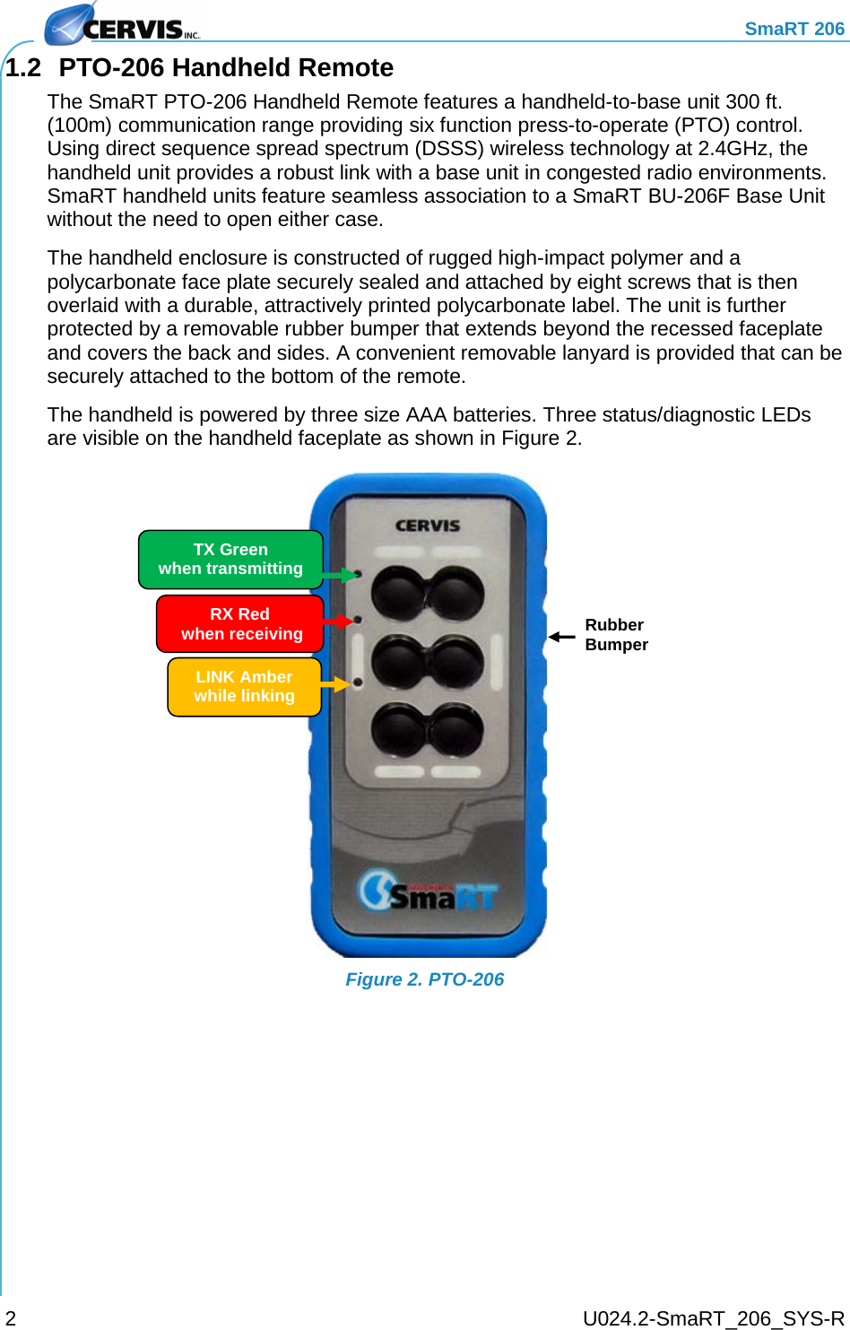     SmaRT 206     U024.2-SmaRT_206_SYS-R 2 1.2 PTO-206 Handheld Remote The SmaRT PTO-206 Handheld Remote features a handheld-to-base unit 300 ft. (100m) communication range providing six function press-to-operate (PTO) control. Using direct sequence spread spectrum (DSSS) wireless technology at 2.4GHz, the handheld unit provides a robust link with a base unit in congested radio environments. SmaRT handheld units feature seamless association to a SmaRT BU-206F Base Unit without the need to open either case. The handheld enclosure is constructed of rugged high-impact polymer and a polycarbonate face plate securely sealed and attached by eight screws that is then overlaid with a durable, attractively printed polycarbonate label. The unit is further protected by a removable rubber bumper that extends beyond the recessed faceplate and covers the back and sides. A convenient removable lanyard is provided that can be securely attached to the bottom of the remote. The handheld is powered by three size AAA batteries. Three status/diagnostic LEDs are visible on the handheld faceplate as shown in Figure 2.  Figure 2. PTO-206 Rubber Bumper TX Green  when transmitting  RX Red  when receiving  LINK Amber  while linking  