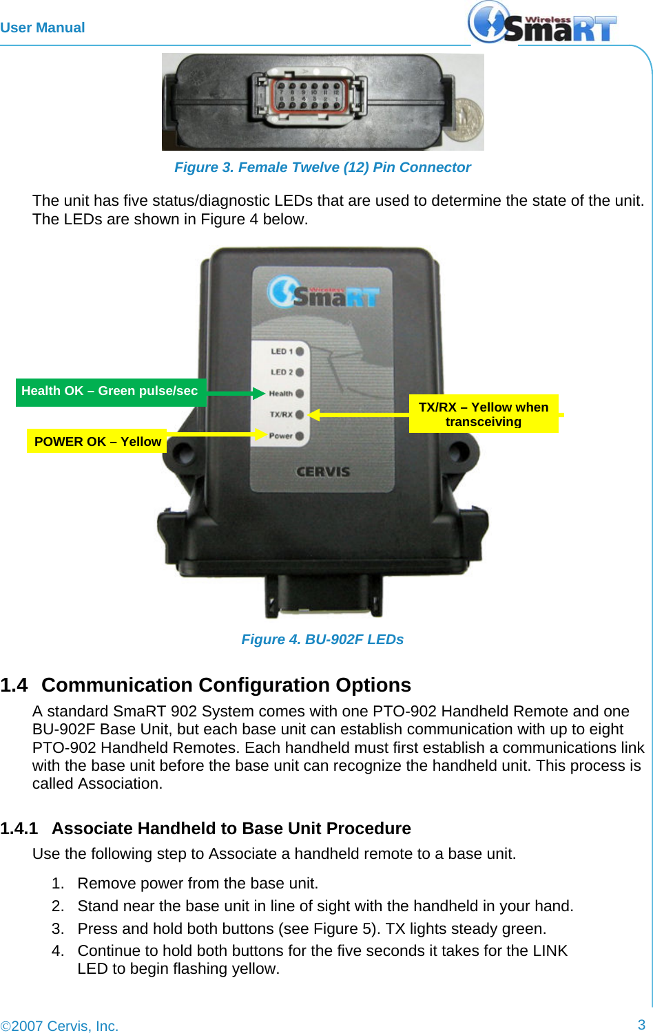 User Manual ©2007 Cervis, Inc.      3 Figure 3. Female Twelve (12) Pin Connector The unit has five status/diagnostic LEDs that are used to determine the state of the unit. The LEDs are shown in Figure 4 below.  Figure 4. BU-902F LEDs 1.4  Communication Configuration Options A standard SmaRT 902 System comes with one PTO-902 Handheld Remote and one BU-902F Base Unit, but each base unit can establish communication with up to eight PTO-902 Handheld Remotes. Each handheld must first establish a communications link with the base unit before the base unit can recognize the handheld unit. This process is called Association.  1.4.1  Associate Handheld to Base Unit Procedure Use the following step to Associate a handheld remote to a base unit. 1.  Remove power from the base unit. 2.  Stand near the base unit in line of sight with the handheld in your hand. 3.  Press and hold both buttons (see Figure 5). TX lights steady green.  4.  Continue to hold both buttons for the five seconds it takes for the LINK LED to begin flashing yellow. TX/RX – Yellow when transceiving POWER OK – Yellow Health OK – Green pulse/sec