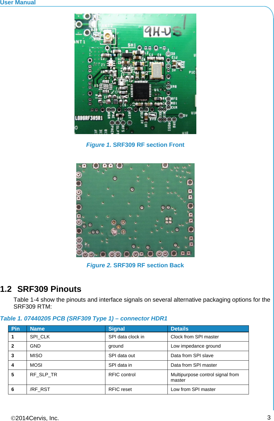 User Manual 2014Cervis, Inc.      3  Figure 1. SRF309 RF section Front   Figure 2. SRF309 RF section Back  1.2 SRF309 Pinouts Table 1-4 show the pinouts and interface signals on several alternative packaging options for the SRF309 RTM: Table 1. 07440205 PCB (SRF309 Type 1) – connector HDR1 Pin  Name  Signal Details1  SPI_CLK  SPI data clock in  Clock from SPI master 2  GND ground Low impedance ground 3  MISO  SPI data out  Data from SPI slave 4  MOSI  SPI data in  Data from SPI master 5  RF_SLP_TR RFIC control Multipurpose control signal from master 6  /RF_RST  RFIC reset  Low from SPI master 