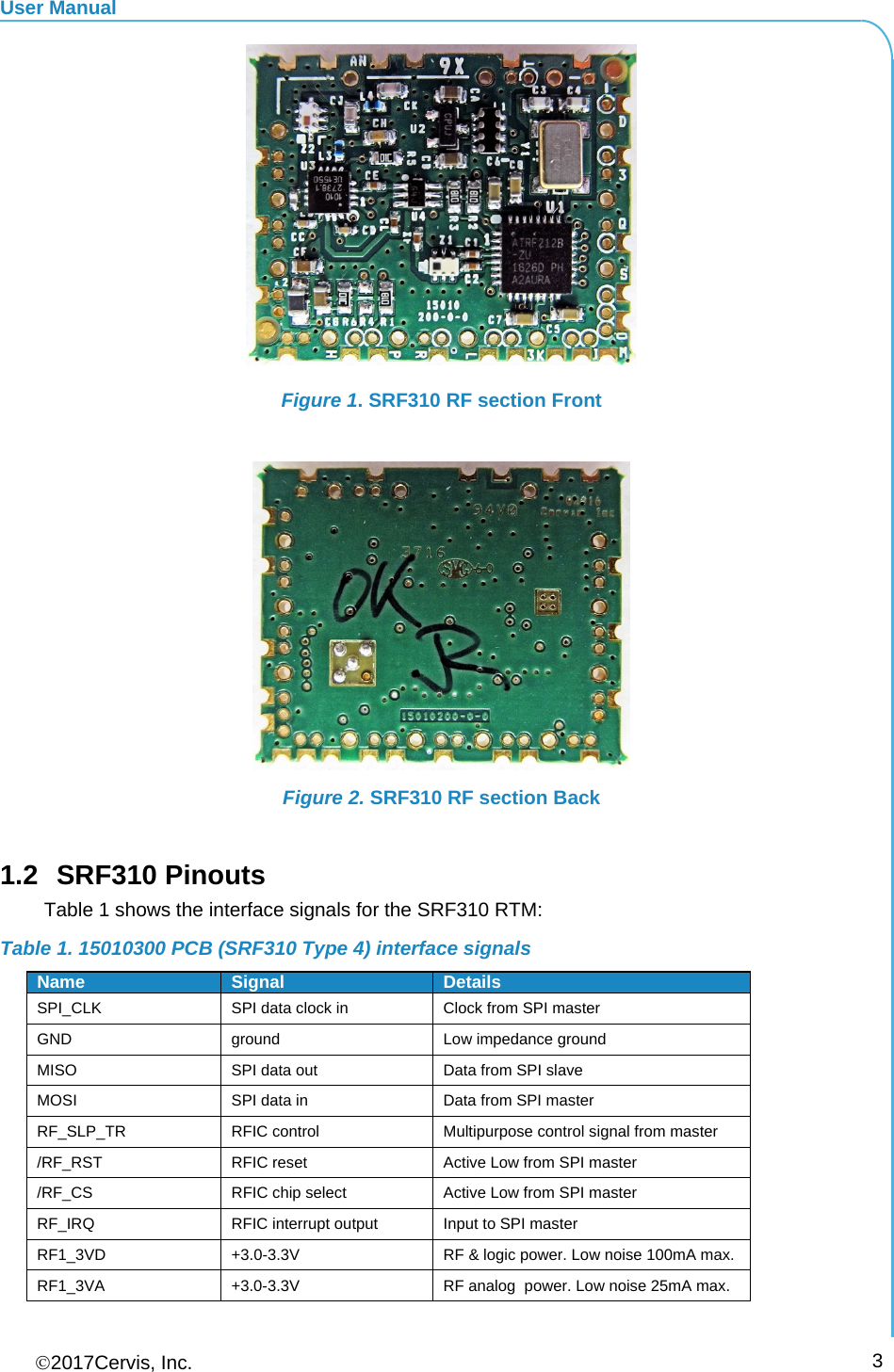 User Manual 2017Cervis, Inc.      3  Figure 1. SRF310 RF section Front   Figure 2. SRF310 RF section Back  1.2 SRF310 Pinouts Table 1 shows the interface signals for the SRF310 RTM: Table 1. 15010300 PCB (SRF310 Type 4) interface signals Name  Signal DetailsSPI_CLK  SPI data clock in  Clock from SPI master GND ground  Low impedance ground MISO  SPI data out  Data from SPI slave MOSI  SPI data in  Data from SPI master RF_SLP_TR RFIC control  Multipurpose control signal from master /RF_RST  RFIC reset  Active Low from SPI master /RF_CS  RFIC chip select  Active Low from SPI master RF_IRQ  RFIC interrupt output  Input to SPI master RF1_3VD  +3.0-3.3V  RF &amp; logic power. Low noise 100mA max. RF1_3VA  +3.0-3.3V  RF analog  power. Low noise 25mA max. 