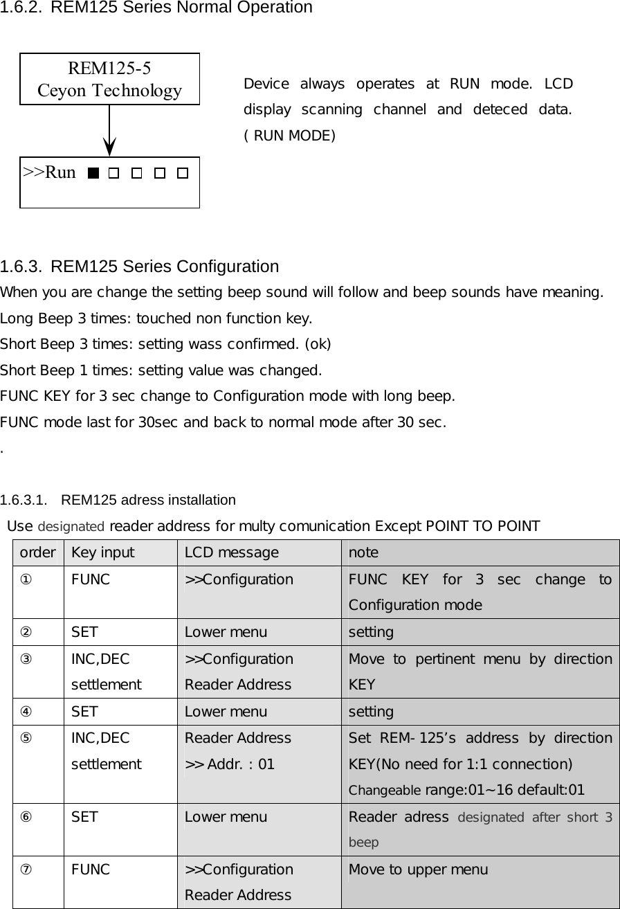  1.6.2.  REM125 Series Normal Operation          1.6.3.  REM125 Series Configuration   When you are change the setting beep sound will follow and beep sounds have meaning. Long Beep 3 times: touched non function key. Short Beep 3 times: setting wass confirmed. (ok) Short Beep 1 times: setting value was changed. FUNC KEY for 3 sec change to Configuration mode with long beep. FUNC mode last for 30sec and back to normal mode after 30 sec. .  1.6.3.1.  REM125 adress installation  Use designated reader address for multy comunication Except POINT TO POINT  order  Key input   LCD message   note ①  FUNC   >>Configuration  FUNC KEY for 3 sec change to Configuration mode ②  SET    Lower menu  setting ③  INC,DEC settlement >>Configuration Reader Address Move  to  pertinent  menu  by  direction KEY ④  SET    Lower menu   setting ⑤  INC,DEC settlement Reader Address  >> Addr. : 01 Set  REM-125&rsquo;s  address  by  direction KEY(No need for 1:1 connection)  Changeable range:01~16 default:01 ⑥  SET  Lower menu  Reader  adress  designated  after  short  3 beep ⑦  FUNC  >>Configuration Reader Address Move to upper menu >>RunREM125-5Ceyon Technology  Device  always  operates  at  RUN  mode.  LCD display  scanning  channel  and  deteced  data. ( RUN MODE)   