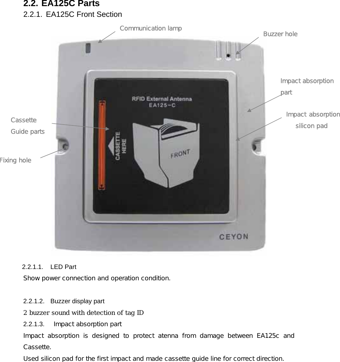 2.2. EA125C Parts 2.2.1.  EA125C Front Section   2.2.1.1. LED Part Show power connection and operation condition.  2.2.1.2.  Buzzer display part 2 buzzer sound with detection of tag ID 2.2.1.3.   Impact absorption part Impact  absorption  is  designed  to  protect  atenna  from  damage  between  EA125c  and Cassette. Used silicon pad for the first impact and made cassette guide line for correct direction.     Buzzer hole   Impact absorption silicon pad Communication lamp Impact absorption part  Cassette Guide parts Fixing hole 