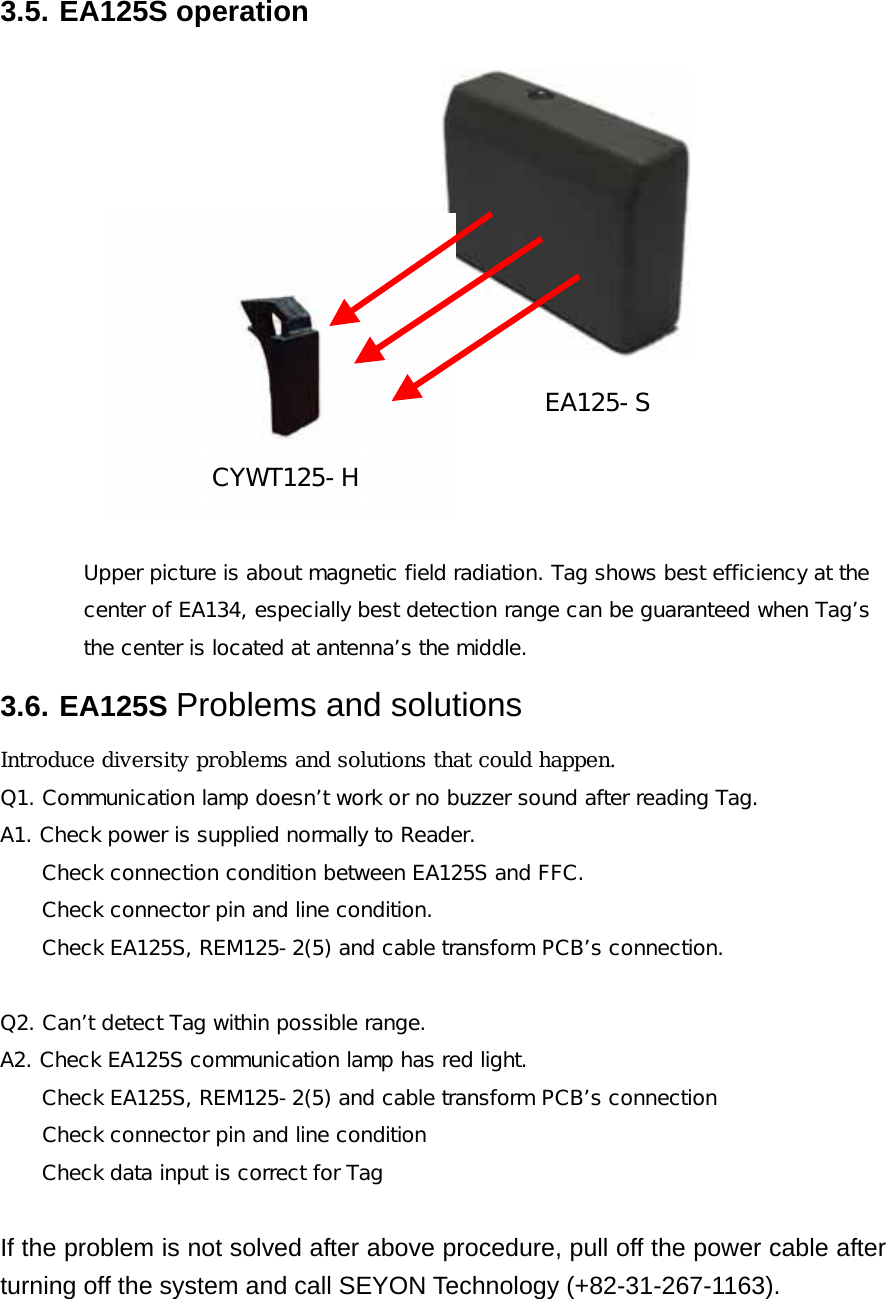 3.5. EA125S operation   CYWT125-HEA125-S  Upper picture is about magnetic field radiation. Tag shows best efficiency at the center of EA134, especially best detection range can be guaranteed when Tag&rsquo;s the center is located at antenna&rsquo;s the middle. 3.6. EA125S Problems and solutions  Introduce diversity problems and solutions that could happen. Q1. Communication lamp doesn&rsquo;t work or no buzzer sound after reading Tag. A1. Check power is supplied normally to Reader.     Check connection condition between EA125S and FFC. Check connector pin and line condition.     Check EA125S, REM125-2(5) and cable transform PCB&rsquo;s connection.  Q2. Can&rsquo;t detect Tag within possible range. A2. Check EA125S communication lamp has red light.  Check EA125S, REM125-2(5) and cable transform PCB&rsquo;s connection  Check connector pin and line condition  Check data input is correct for Tag  If the problem is not solved after above procedure, pull off the power cable after turning off the system and call SEYON Technology (+82-31-267-1163).  