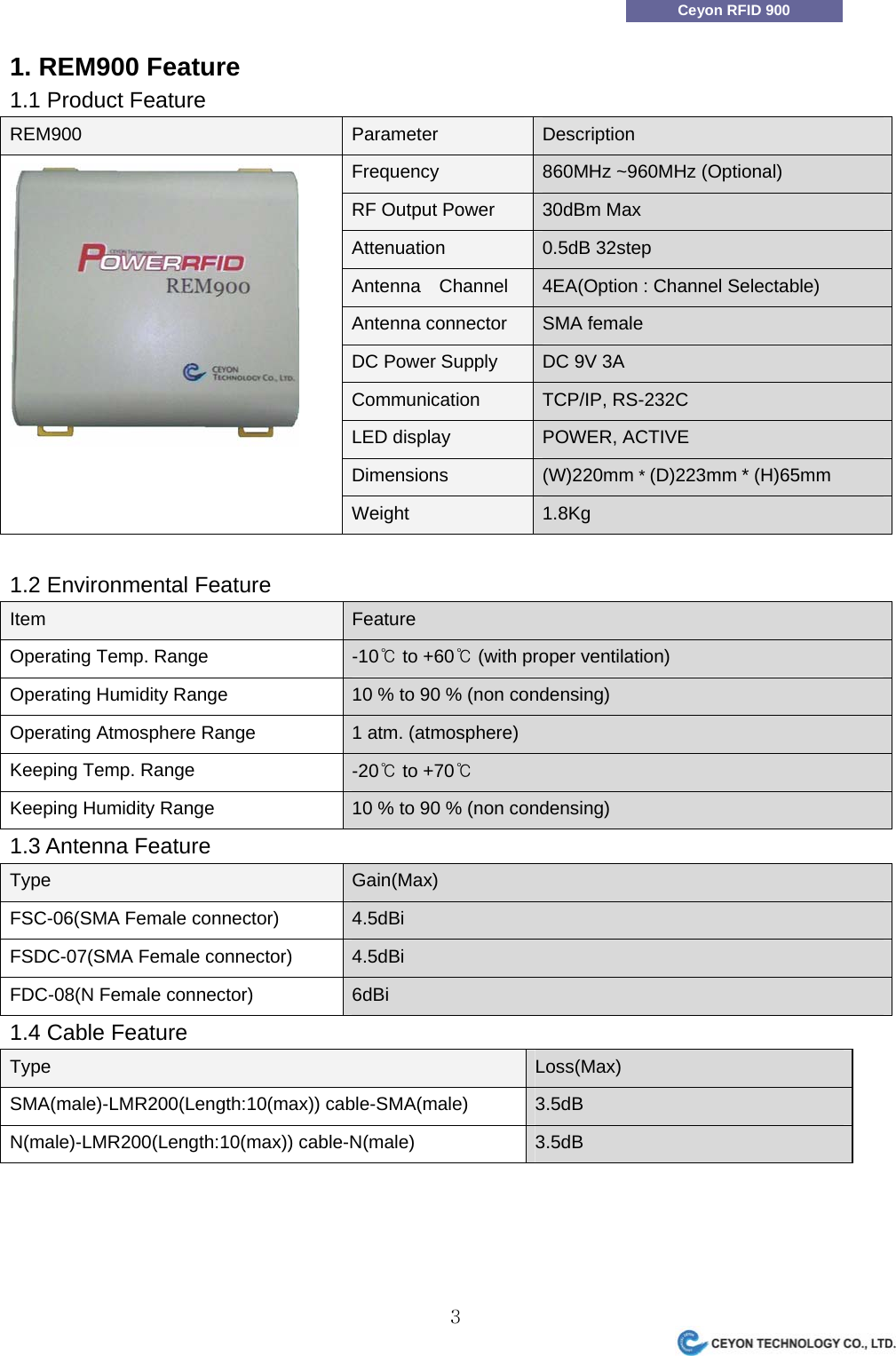                 3Ceyon RFID 900 1. REM900 Feature 1.1 Product Feature REM900 Parameter  Description Frequency  860MHz ~960MHz (Optional) RF Output Power  30dBm Max Attenuation  0.5dB 32step Antenna  Channel  4EA(Option : Channel Selectable) Antenna connector  SMA female DC Power Supply  DC 9V 3A Communication  TCP/IP, RS-232C LED display  POWER, ACTIVE Dimensions  (W)220mm * (D)223mm * (H)65mm  Weight  1.8Kg  1.2 Environmental Feature   Item  Feature Operating Temp. Range  -10℃ to +60℃ (with proper ventilation) Operating Humidity Range  10 % to 90 % (non condensing) Operating Atmosphere Range  1 atm. (atmosphere) Keeping Temp. Range  -20℃ to +70℃ Keeping Humidity Range  10 % to 90 % (non condensing) 1.3 Antenna Feature   Type  Gain(Max) FSC-06(SMA Female connector)  4.5dBi FSDC-07(SMA Female connector)  4.5dBi FDC-08(N Female connector)  6dBi 1.4 Cable Feature   Type  Loss(Max) SMA(male)-LMR200(Length:10(max)) cable-SMA(male)  3.5dB N(male)-LMR200(Length:10(max)) cable-N(male)  3.5dB 