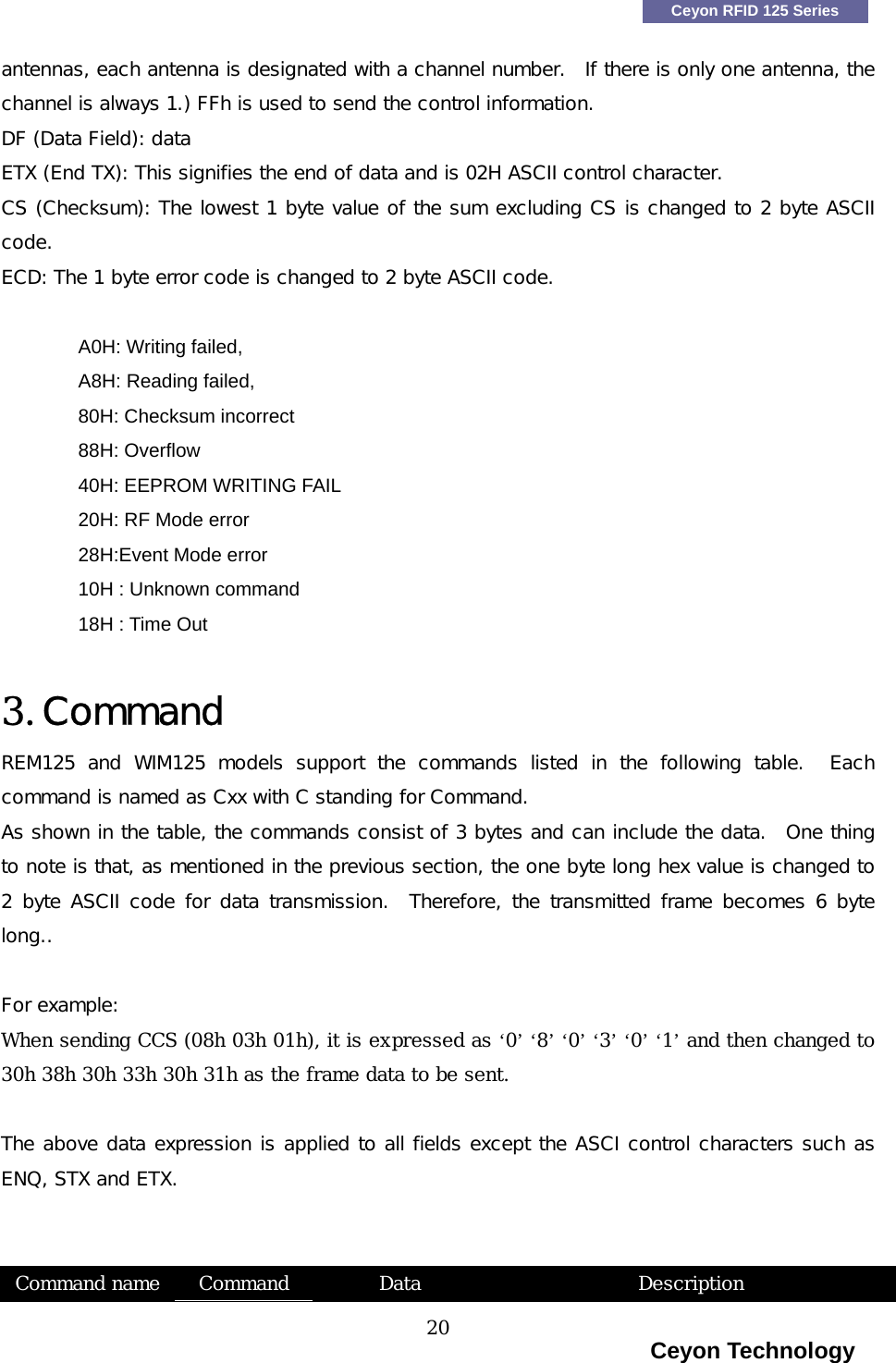    Ceyon RFID 125 Series antennas, each antenna is designated with a channel number.  If there is only one antenna, the channel is always 1.) FFh is used to send the control information. DF (Data Field): data ETX (End TX): This signifies the end of data and is 02H ASCII control character. CS (Checksum): The lowest 1 byte value of the sum excluding CS is changed to 2 byte ASCII code. ECD: The 1 byte error code is changed to 2 byte ASCII code.  A0H: Writing failed,            A8H: Reading failed,     80H: Checksum incorrect           88H: Overflow 40H: EEPROM WRITING FAIL   20H: RF Mode error 28H:Event Mode error 10H : Unknown command               18H : Time Out  3. Command REM125 and WIM125 models support the commands listed in the following  table.    Each command is named as Cxx with C standing for Command. As shown in the table, the commands consist of 3 bytes and can include the data.  One thing to note is that, as mentioned in the previous section, the one byte long hex value is changed to 2 byte ASCII code for data transmission.  Therefore, the transmitted  frame  becomes  6 byte long..  For example:  When sending CCS (08h 03h 01h), it is expressed as &lsquo;0&rsquo; &lsquo;8&rsquo; &lsquo;0&rsquo; &lsquo;3&rsquo; &lsquo;0&rsquo; &lsquo;1&rsquo; and then changed to  30h 38h 30h 33h 30h 31h as the frame data to be sent.      The above data expression is applied to all fields except the ASCI control characters such as ENQ, STX and ETX.    Command name  Command  Data  Description                                                                    Ceyon Technology 20  