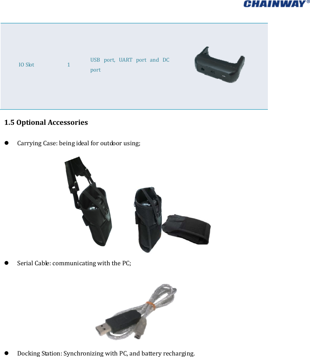   IOSlot 1 USB port, UART port and DCport1.5OptionalAccessories CarryingCase:beingidealforoutdoorusing;       SerialCable:communicatingwiththePC; DockingStation:SynchronizingwithPC,andbatteryrecharging.