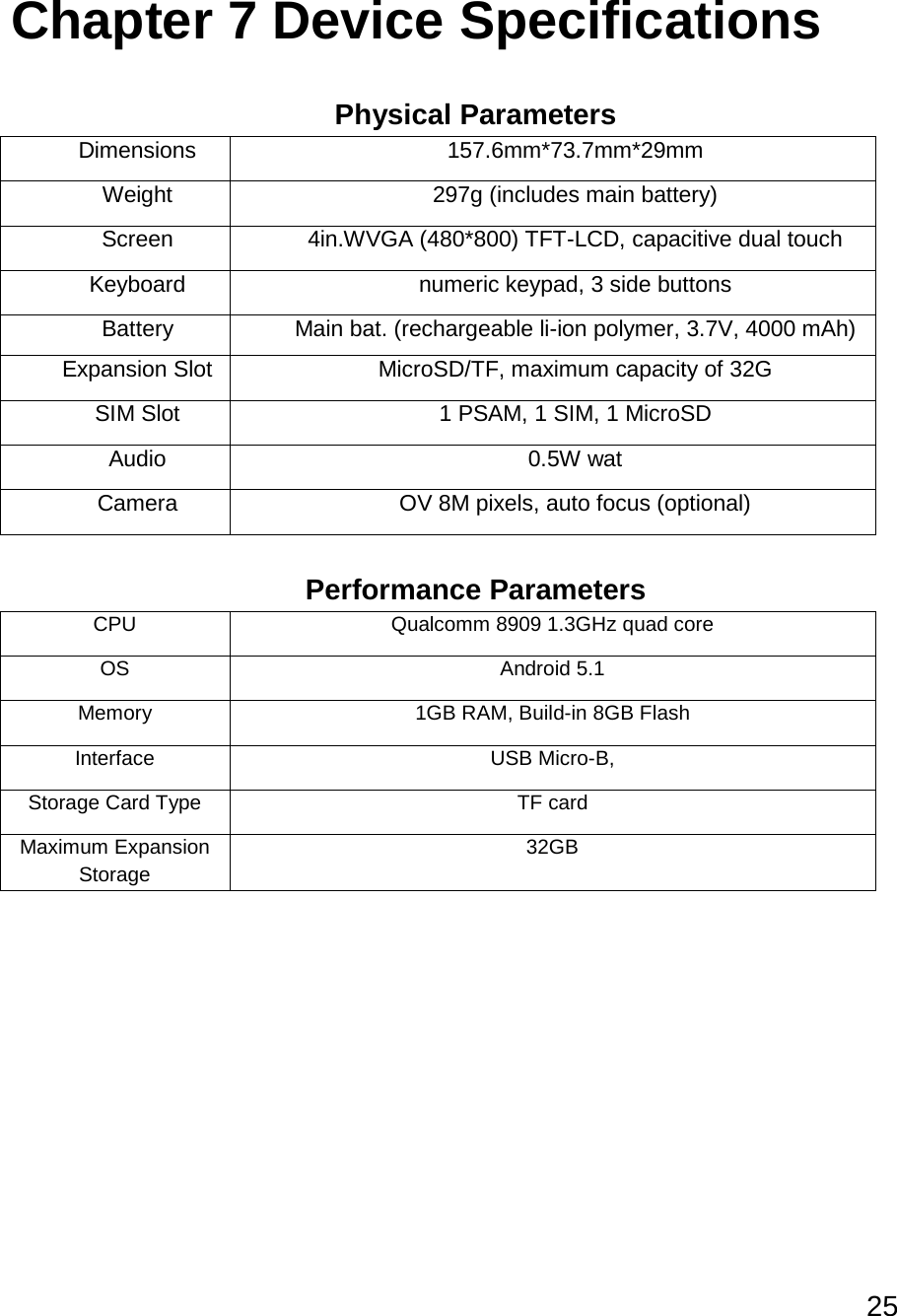 25   Chapter 7 Device Specifications  Physical Parameters Dimensions 157.6mm*73.7mm*29mm Weight 297g (includes main battery) Screen 4in.WVGA (480*800) TFT-LCD, capacitive dual touch Keyboard numeric keypad, 3 side buttons Battery Main bat. (rechargeable li-ion polymer, 3.7V, 4000 mAh) Expansion Slot MicroSD/TF, maximum capacity of 32G SIM Slot 1 PSAM, 1 SIM, 1 MicroSD Audio 0.5W wat Camera OV 8M pixels, auto focus (optional)  Performance Parameters CPU Qualcomm 8909 1.3GHz quad core OS Android 5.1 Memory 1GB RAM, Build-in 8GB Flash Interface USB Micro-B, Storage Card Type TF card Maximum Expansion Storage 32GB     