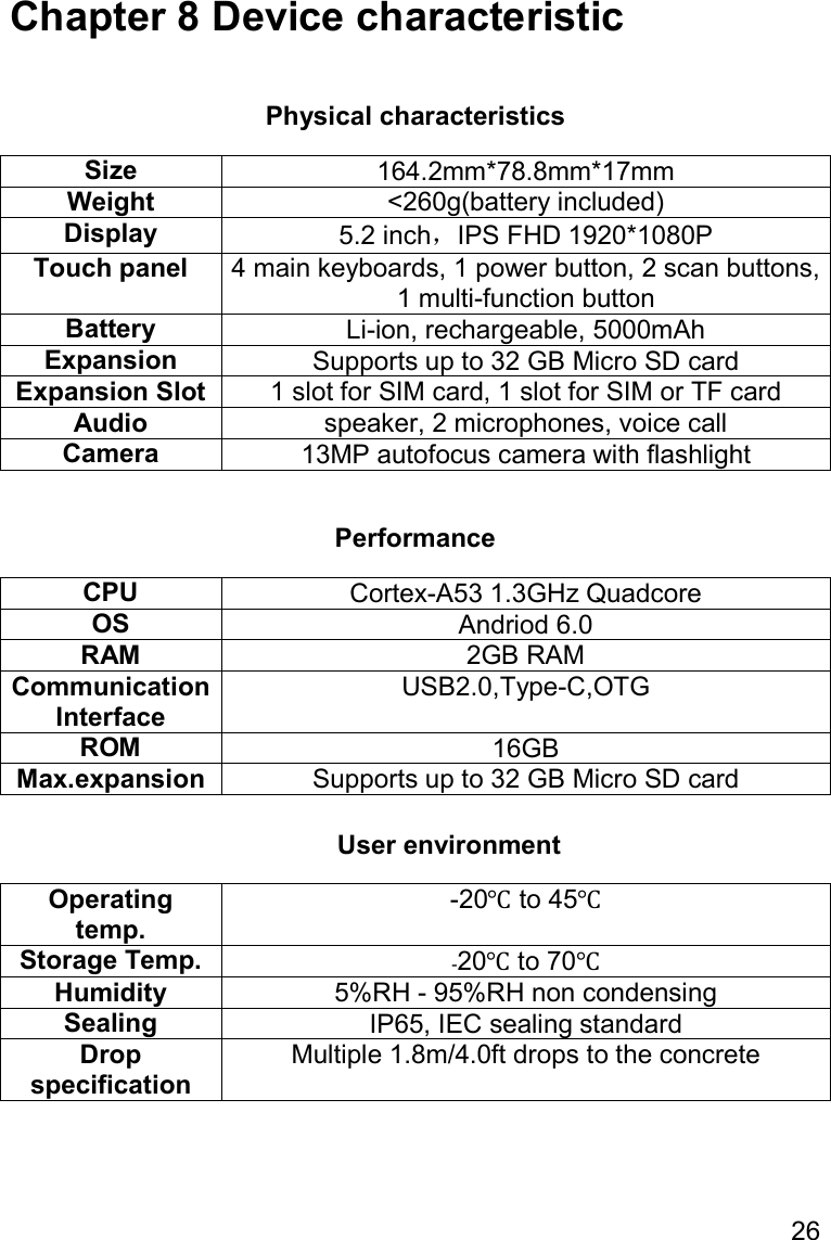 26  Chapter 8 Device characteristic  Physical characteristics Size 164.2mm*78.8mm*17mm Weight &lt;260g(battery included) Display 5.2 inch，IPS FHD 1920*1080P Touch panel 4 main keyboards, 1 power button, 2 scan buttons, 1 multi-function button Battery Li-ion, rechargeable, 5000mAh Expansion  Supports up to 32 GB Micro SD card Expansion Slot 1 slot for SIM card, 1 slot for SIM or TF card Audio speaker, 2 microphones, voice call  Camera 13MP autofocus camera with flashlight  Performance CPU Cortex-A53 1.3GHz Quadcore OS Andriod 6.0 RAM 2GB RAM Communication Interface USB2.0,Type-C,OTG ROM 16GB Max.expansion Supports up to 32 GB Micro SD card  User environment Operating temp. -20℃ to 45℃ Storage Temp. -20℃ to 70℃ Humidity 5%RH - 95%RH non condensing Sealing IP65, IEC sealing standard Drop specification Multiple 1.8m/4.0ft drops to the concrete     