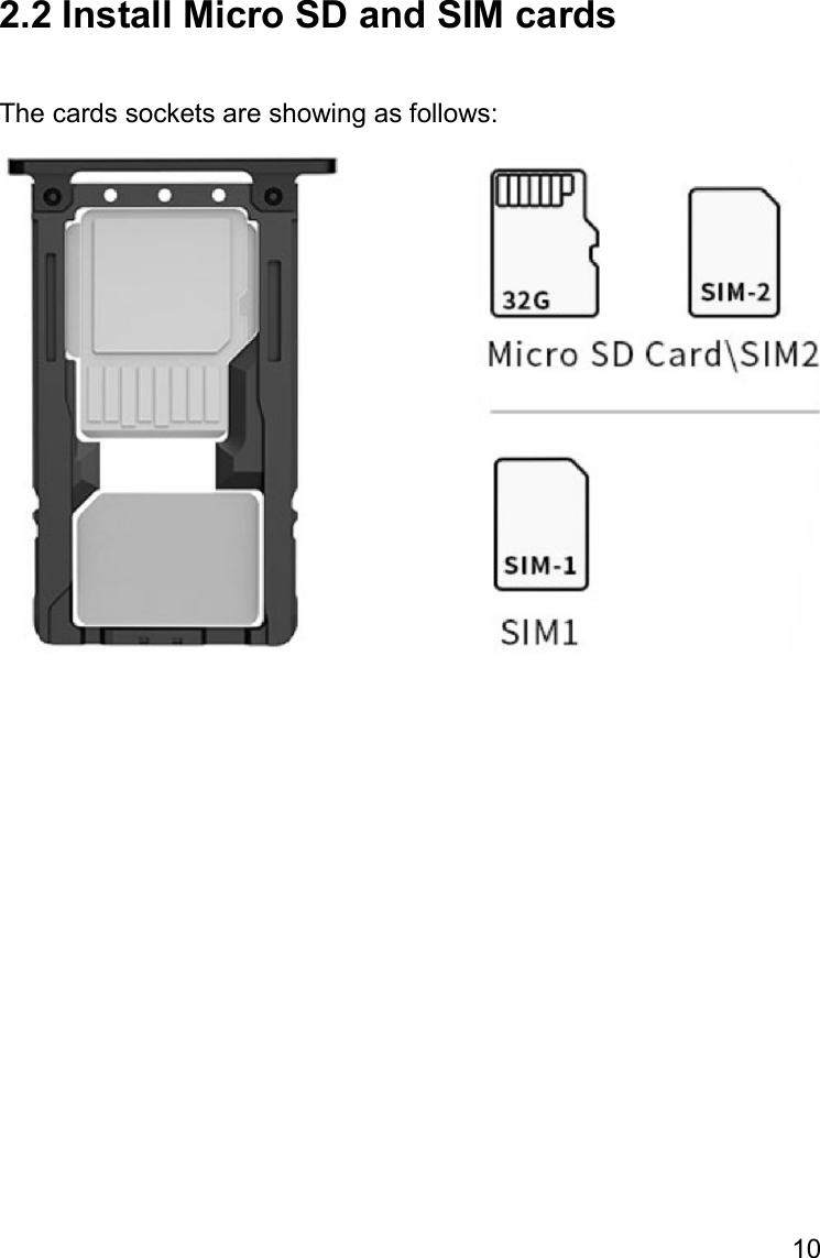 10  2.2 Install Micro SD and SIM cards  The cards sockets are showing as follows:     