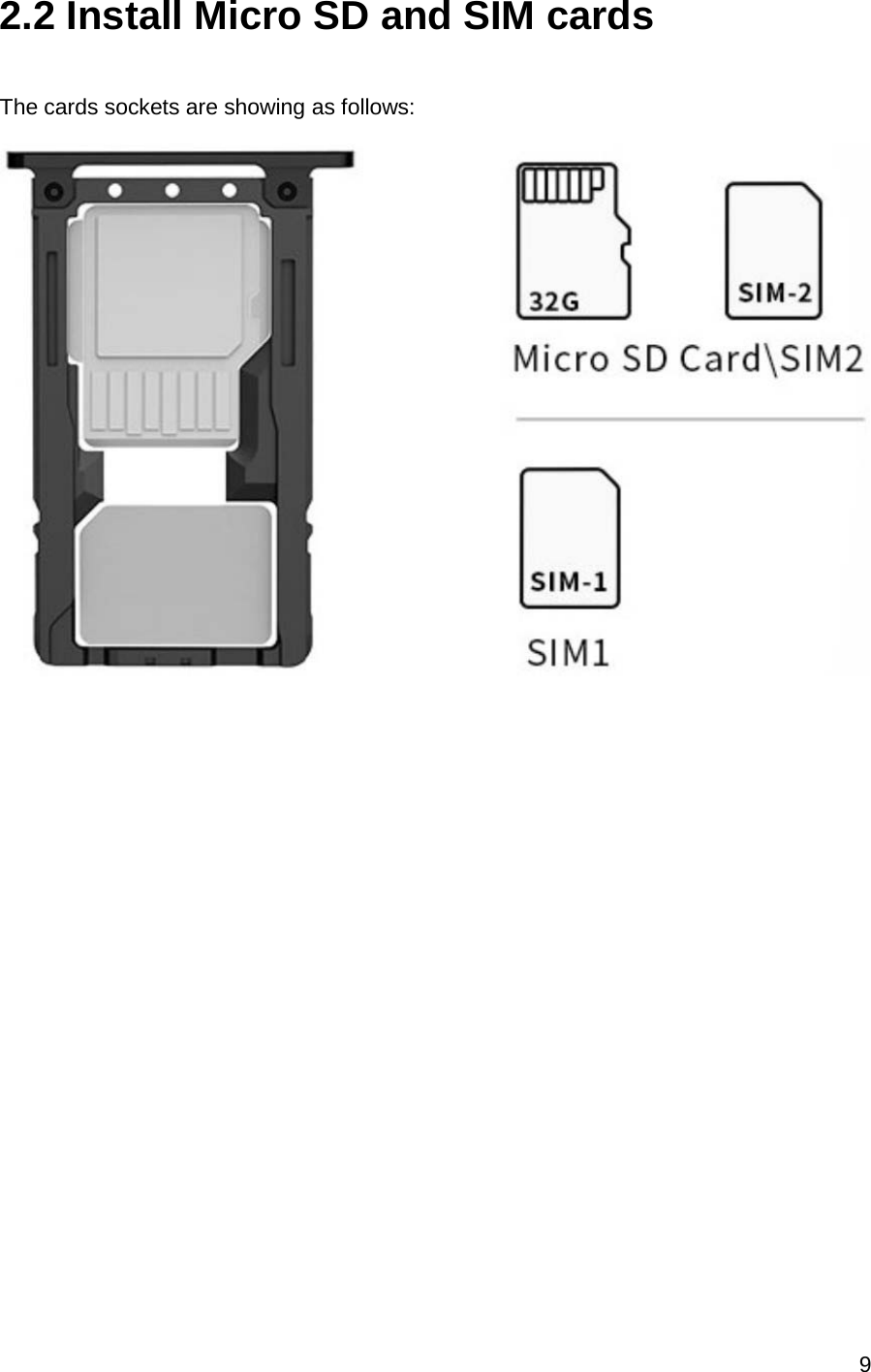 9  2.2 Install Micro SD and SIM cards  The cards sockets are showing as follows:     