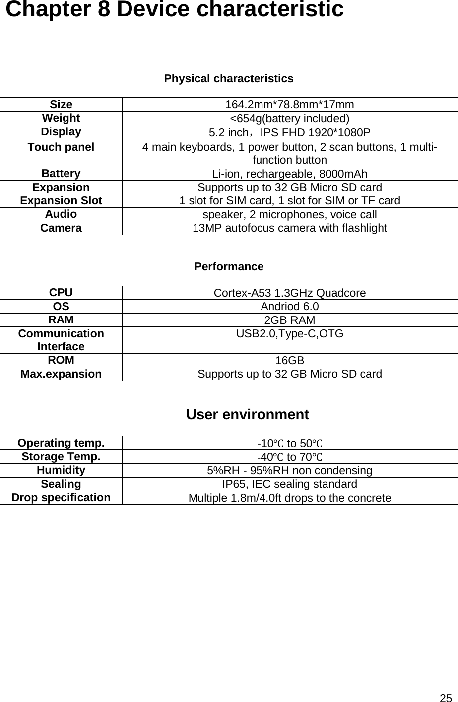 25  Chapter 8 Device characteristic   Physical characteristics Size 164.2mm*78.8mm*17mm Weight &lt;654g(battery included) Display 5.2 inch，IPS FHD 1920*1080P Touch panel 4 main keyboards, 1 power button, 2 scan buttons, 1 multi-function button Battery Li-ion, rechargeable, 8000mAh Expansion  Supports up to 32 GB Micro SD card Expansion Slot 1 slot for SIM card, 1 slot for SIM or TF card Audio speaker, 2 microphones, voice call  Camera 13MP autofocus camera with flashlight  Performance CPU Cortex-A53 1.3GHz Quadcore OS Andriod 6.0 RAM 2GB RAM Communication Interface USB2.0,Type-C,OTG ROM 16GB Max.expansion Supports up to 32 GB Micro SD card  User environment Operating temp. -10℃ to 50℃ Storage Temp. -40℃ to 70℃ Humidity 5%RH - 95%RH non condensing Sealing IP65, IEC sealing standard Drop specification Multiple 1.8m/4.0ft drops to the concrete     