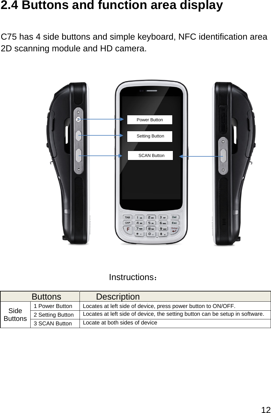 12  2.4 Buttons and function area display  C75 has 4 side buttons and simple keyboard, NFC identification area 2D scanning module and HD camera.            Instructions： Buttons Description Side Buttons 1 Power Button  Locates at left side of device, press power button to ON/OFF. 2 Setting Button Locates at left side of device, the setting button can be setup in software. 3 SCAN Button Locate at both sides of device       Power Button   Power Button     Setting Button      SCAN Button  