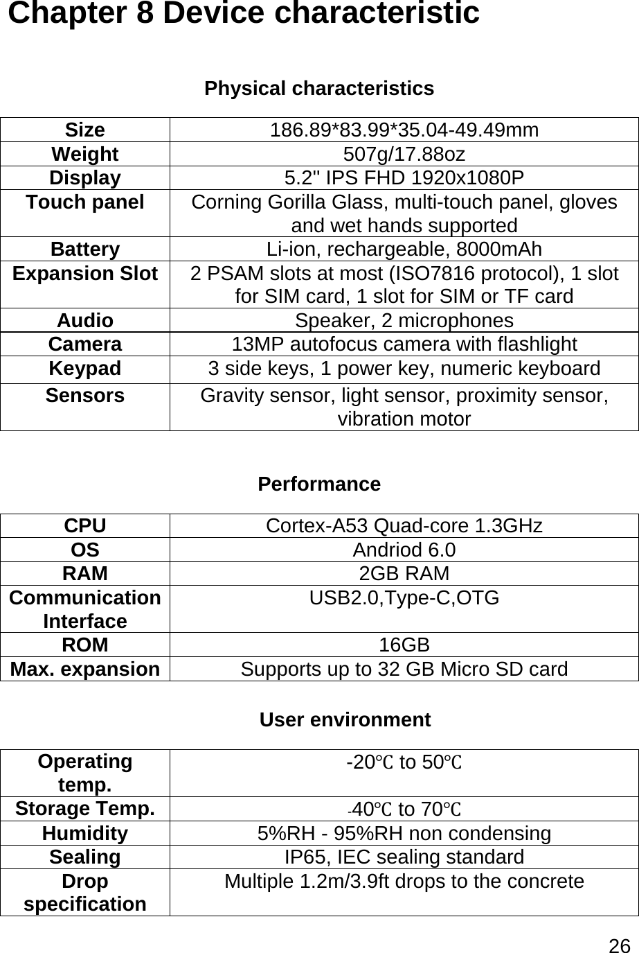 26  Chapter 8 Device characteristic  Physical characteristics Size 186.89*83.99*35.04-49.49mm Weight 507g/17.88oz Display 5.2&apos;&apos; IPS FHD 1920x1080P Touch panel Corning Gorilla Glass, multi-touch panel, gloves and wet hands supported Battery Li-ion, rechargeable, 8000mAh Expansion Slot 2 PSAM slots at most (ISO7816 protocol), 1 slot for SIM card, 1 slot for SIM or TF card Audio Speaker, 2 microphones Camera 13MP autofocus camera with flashlight Keypad 3 side keys, 1 power key, numeric keyboard Sensors Gravity sensor, light sensor, proximity sensor, vibration motor  Performance CPU Cortex-A53 Quad-core 1.3GHz OS Andriod 6.0 RAM 2GB RAM Communication Interface USB2.0,Type-C,OTG ROM 16GB Max. expansion Supports up to 32 GB Micro SD card  User environment Operating temp. -20℃ to 50℃ Storage Temp. -40℃ to 70℃ Humidity 5%RH - 95%RH non condensing Sealing IP65, IEC sealing standard Drop specification Multiple 1.2m/3.9ft drops to the concrete 