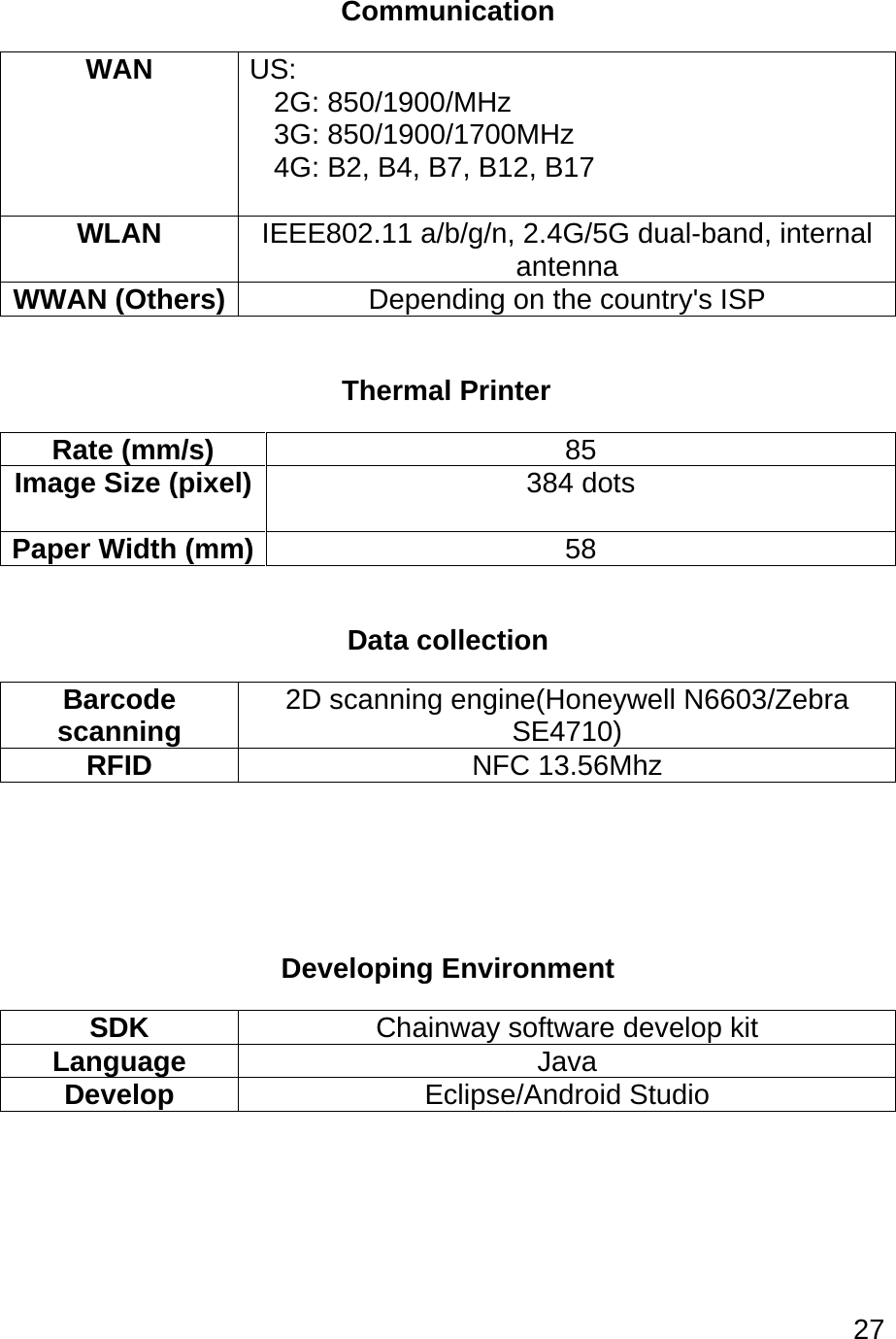 27  Communication WAN US: 2G: 850/1900/MHz  3G: 850/1900/1700MHz  4G: B2, B4, B7, B12, B17  WLAN IEEE802.11 a/b/g/n, 2.4G/5G dual-band, internal antenna WWAN (Others) Depending on the country&apos;s ISP       Thermal Printer Rate (mm/s) 85 Image Size (pixel) 384 dots  Paper Width (mm) 58  Data collection Barcode scanning 2D scanning engine(Honeywell N6603/Zebra SE4710) RFID NFC 13.56Mhz     Developing Environment SDK Chainway software develop kit Language Java Develop Eclipse/Android Studio     