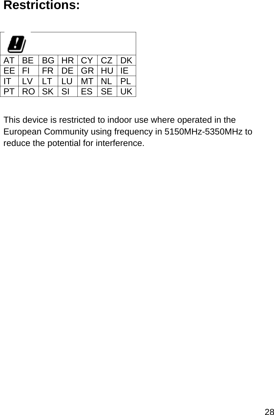 28  Restrictions:   AT BE BG HR CY CZ DK EE FI FR DE GR HU IE IT LV LT LU MT NL PL PT RO SK SI ES SE UK  This device is restricted to indoor use where operated in the European Community using frequency in 5150MHz-5350MHz to reduce the potential for interference.    