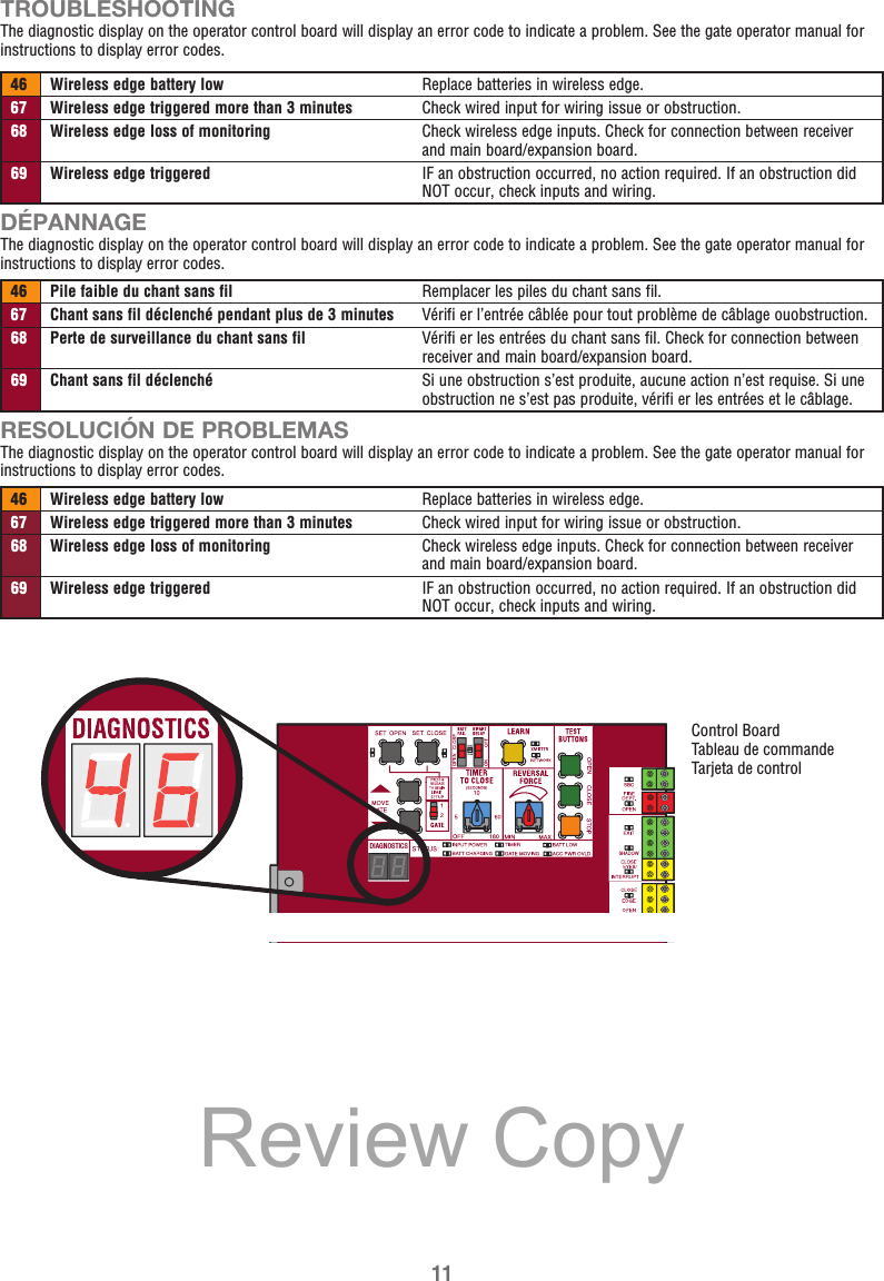 11TROUBLESHOOTINGThe diagnostic display on the operator control board will display an error code to indicate a problem. See the gate operator manual for instructions to display error codes.46 Wireless edge battery low Replace batteries in wireless edge.67 Wireless edge triggered more than 3 minutes Check wired input for wiring issue or obstruction.68 Wireless edge loss of monitoring Check wireless edge inputs. Check for connection between receiver and main board/expansion board.69 Wireless edge triggered IF an obstruction occurred, no action required. If an obstruction did NOT occur, check inputs and wiring.DÉPANNAGEThe diagnostic display on the operator control board will display an error code to indicate a problem. See the gate operator manual for instructions to display error codes.46 Pile faible du chant sans fil Remplacer les piles du chant sans fil.67 Chant sans fil déclenché pendant plus de 3 minutes Vérifi er l’entrée câblée pour tout problème de câblage ouobstruction.68 Perte de surveillance du chant sans fil Vérifi er les entrées du chant sans fil. Check for connection between receiver and main board/expansion board.69 Chant sans fil déclenché Si une obstruction s’est produite, aucune action n’est requise. Si une obstruction ne s’est pas produite, vérifi er les entrées et le câblage.RESOLUCIÓN DE PROBLEMASThe diagnostic display on the operator control board will display an error code to indicate a problem. See the gate operator manual for instructions to display error codes.46 Wireless edge battery low Replace batteries in wireless edge.67 Wireless edge triggered more than 3 minutes Check wired input for wiring issue or obstruction.68 Wireless edge loss of monitoring Check wireless edge inputs. Check for connection between receiver and main board/expansion board.69 Wireless edge triggered IF an obstruction occurred, no action required. If an obstruction did NOT occur, check inputs and wiring.Control BoardTableau de commandeTarjeta de controlDIAGNOSTICSReview Copy