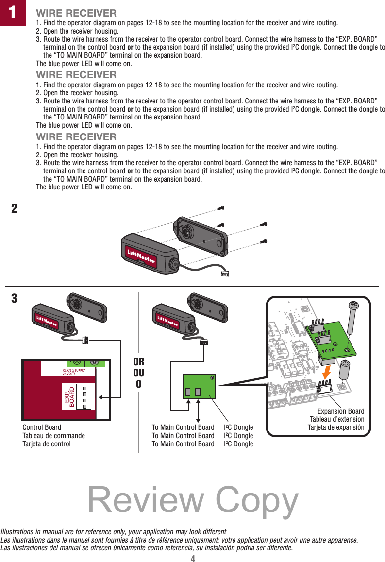 41WIRE RECEIVER1. Find the operator diagram on pages 12-18 to see the mounting location for the receiver and wire routing.2. Open the receiver housing.3.  Route the wire harness from the receiver to the operator control board. Connect the wire harness to the “EXP. BOARD” terminal on the control board or to the expansion board (if installed) using the provided I2C dongle. Connect the dongle to the “TO MAIN BOARD” terminal on the expansion board.The blue power LED will come on.WIRE RECEIVER1. Find the operator diagram on pages 12-18 to see the mounting location for the receiver and wire routing.2. Open the receiver housing.3.  Route the wire harness from the receiver to the operator control board. Connect the wire harness to the “EXP. BOARD” terminal on the control board or to the expansion board (if installed) using the provided I2C dongle. Connect the dongle to the “TO MAIN BOARD” terminal on the expansion board.The blue power LED will come on.WIRE RECEIVER1. Find the operator diagram on pages 12-18 to see the mounting location for the receiver and wire routing.2. Open the receiver housing.3.  Route the wire harness from the receiver to the operator control board. Connect the wire harness to the “EXP. BOARD” terminal on the control board or to the expansion board (if installed) using the provided I2C dongle. Connect the dongle to the “TO MAIN BOARD” terminal on the expansion board.The blue power LED will come on.Illustrations in manual are for reference only, your application may look differentLes illustrations dans le manuel sont fournies à titre de référence uniquement; votre application peut avoir une autre apparence.Las ilustraciones del manual se ofrecen únicamente como referencia, su instalación podría ser diferente.Expansion BoardTableau d’extensionTarjeta de expansión23Control Board Tableau de commandeTarjeta de controlOROUOTo Main Control BoardTo Main Control BoardTo Main Control BoardI2C DongleI2C DongleI2C DongleReview Copy