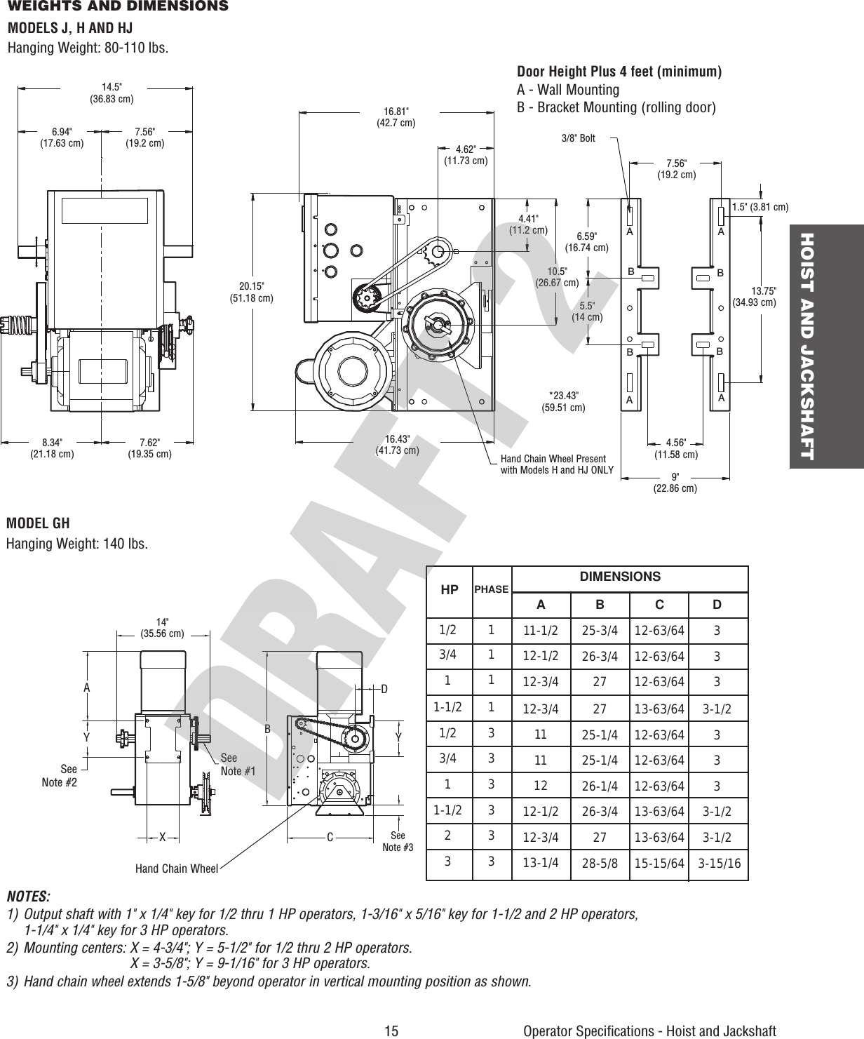  15 HOIST AND JACKSHAFTAAABBBBA13.75&quot;(34.93 cm)1.5&quot; (3.81 cm)Door Height Plus 4 feet (minimum)A - Wall MountingB - Bracket Mounting (rolling door)6.59&quot;(16.74 cm)5.5&quot;(14 cm)10.5&quot;(26.67 cm)Hand Chain Wheel Presentwith Models H and HJ ONLYWEIGHTS AND DIMENSIONS MODELS J, H AND HJHanging Weight: 80-110 lbs.14 &quot;WEIGHTS AND  DIMENSIONS HANGING WEIGHT : .........80-1 10 LBS. Hand Chain Wheel SeeNote #1SeeNote #2AXBYCDYSeeNote #3A 11-1/212-1/212-3/412-3/411111212-1/212-3/413-1/4B 25-3/426-3/4272725-1/425-1/426-1/426-3/42728-5/8C 12-63/6412-63/6412-63/6413-63/6412-63/6412-63/6412-63/6413-63/6413-63/6415-15/64D 3333-1/23333-1/23-1/23-15/161/23/411-1/21/23/411-1/2231111333333HP  DIMENSIONS PHASE MODEL GHHanging Weight: 140 lbs.Operator Speciﬁ cations - Hoist and Jackshaft14.5&quot;(36.83 cm)16.81&quot;(42.7 cm)6.94&quot;(17.63 cm)7.56&quot;(19.2 cm)7.56&quot;(19.2 cm)4.62&quot;(11.73 cm)3/8&quot; Bolt4.41&quot;(11.2 cm)4.56&quot;(11.58 cm)9&quot;(22.86 cm)7.62&quot;(19.35 cm)20.15&quot;(51.18 cm)16.43&quot;(41.73 cm)14&quot;(35.56 cm)8.34&quot; (21.18 cm)NOTES:1) Output shaft with 1&quot; x 1/4&quot; key for 1/2 thru 1 HP operators, 1-3/16&quot; x 5/16&quot; key for 1-1/2 and 2 HP operators,   1-1/4&quot; x 1/4&quot; key for 3 HP operators.2) Mounting centers:  X = 4-3/4&quot;; Y = 5-1/2&quot; for 1/2 thru 2 HP operators.X = 3-5/8&quot;; Y = 9-1/16&quot; for 3 HP operators.3) Hand chain wheel extends 1-5/8&quot; beyond operator in vertical mounting position as shown.*23.43&quot;(59.51 cm)