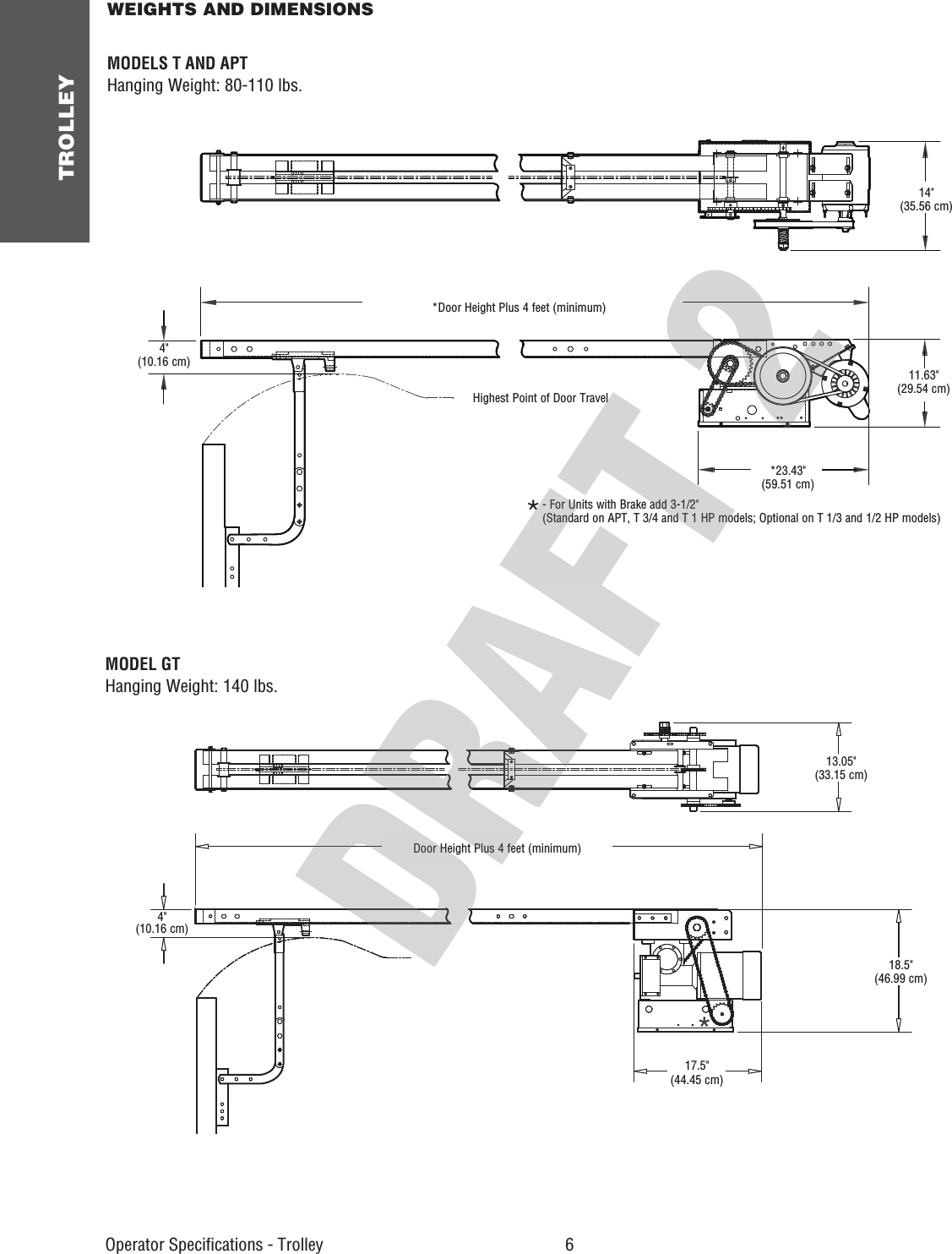 TROLLEY 6 Operator Speciﬁ cations - Trolley 11.63&quot;(29.54 cm)*Door Height Plus 4 feet (minimum)*23.43&quot;(59.51 cm)14&quot;(35.56 cm)Highest Point of Door Travel4&quot;(10.16 cm)*- For Units with Brake add 3-1/2&quot;(Standard on APT, T 3/4 and T 1 HP models; Optional on T 1/3 and 1/2 HP models)WEIGHTS AND DIMENSIONS MODELS T AND APTHanging Weight: 80-110 lbs.*MODEL GTHanging Weight: 140 lbs.Door Height Plus 4 feet (minimum)13.05&quot;(33.15 cm)18.5&quot;(46.99 cm)17.5&quot;(44.45 cm)4&quot;(10.16 cm)