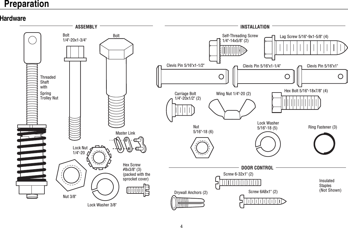 4HardwareClevis Pin 5/16&quot;x1-1/2&quot; Ring Fastener (3)Hex Bolt 5/16&quot;-18x7/8&quot; (4)Lock Washer 5/16&quot;-18 (5)Nut  5/16&quot;-18 (6) Self-Threading Screw 1/4&quot;-14x5/8&quot; (2)Clevis Pin 5/16&quot;x1&quot;Clevis Pin 5/16&quot;x1-1/4&quot;Carriage Bolt 1/4&quot;-20x1/2&quot; (2)Wing Nut 1/4&quot;-20 (2)ASSEMBLY INSTALLATIONScrew 6ABx1&quot; (2)    Drywall Anchors (2)Screw 6-32x1&quot; (2) DOOR CONTROLInsulated Staples(Not Shown) Lag Screw 5/16&quot;-9x1-5/8&quot; (4)Hex Screw #8x3/8&quot; (3)(packed with the sprocket cover)Bolt 1/4&quot;-20x1-3/4&quot;Lock Nut 1/4&quot;-20BoltNut 3/8&quot;Lock Washer 3/8&quot;Master Link Spring Trolley NutThreaded ShaftwithPreparation