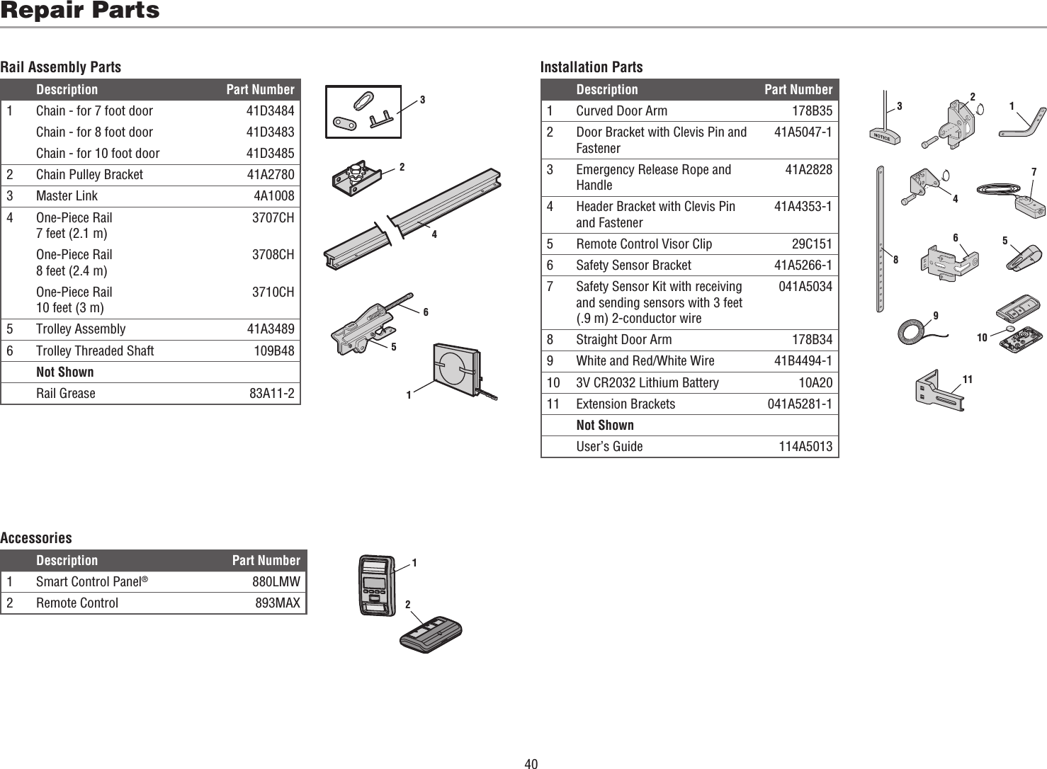 401234567891110Description Part Number1 Chain - for 7 foot door 41D3484Chain - for 8 foot door 41D3483Chain - for 10 foot door 41D34852 Chain Pulley Bracket 41A27803 Master Link 4A10084 One-Piece Rail 7 feet (2.1 m)3707CHOne-Piece Rail 8 feet (2.4 m)3708CHOne-Piece Rail 10 feet (3 m)3710CH5 Trolley Assembly 41A34896 Trolley Threaded Shaft 109B48Not ShownRail Grease 83A11-2Description Part Number1 Curved Door Arm 178B352 Door Bracket with Clevis Pin and Fastener41A5047-13 Emergency Release Rope and Handle41A28284 Header Bracket with Clevis Pin and Fastener41A4353-15 Remote Control Visor Clip 29C1516 Safety Sensor Bracket 41A5266-17 Safety Sensor Kit with receiving and sending sensors with 3 feet (.9 m) 2-conductor wire041A50348 Straight Door Arm 178B349 White and Red/White Wire 41B4494-110 3V CR2032 Lithium Battery 10A2011 Extension Brackets 041A5281-1Not ShownUser’s Guide 114A5013Repair PartsRail Assembly Parts Installation Parts13456212Description Part Number1 Smart Control Panel®880LMW2 Remote Control 893MAXAccessories