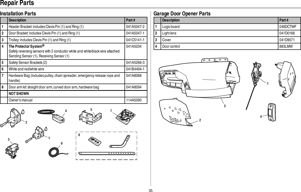 35Installation PartsDescription Part #1Header Bracket: includes Clevis Pin (1) and Ring (1) 041A5047-22Door Bracket: includes Clevis Pin (1) and Ring (1) 041A5047-13Trolley: includes Clevis Pin (1) and Ring (1) 041C5141-14 The Protector System®Safety reversing sensors with 2 conductor white and white/black wire attached:Sending Sensor (1), Receiving Sensor (1)041A50345Safety Sensor Brackets (2) 041A5266-36White and red/white wire 041B4494-17Hardware Bag (includes pulley, chain spreader, emergency release rope andhandle)041A80688Door arm kit: straight door arm, curved door arm, hardware bag 041A8094NOT SHOWNOwner&apos;s manual 114A509087125634Garage Door Opener PartsDescription Part #1Logic board 048DCTWF2Light lens 041D01663Cover 041D90714Door control 883LMW1234Repair Parts