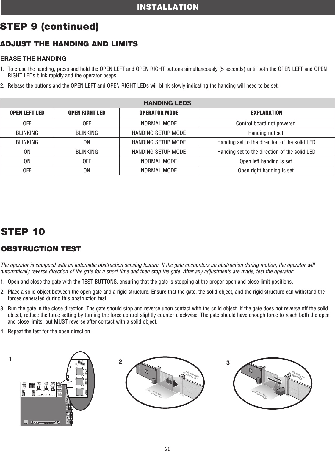 20OutsidePropertyInsidePropertyOutsidePropertyInsideProperty23COMMLINKBABIPARTDELAY2468HANDINGOPENLEFTOPENRIGHTANTENNA CURRENT SENSORMOTOR DRIVE RPM &amp; LIMITS ALARM EXP.BOARD24 VAC INCLASS 2 SUPPLY24 VAC500 mA MAXID RESETGND1INSTALLATIONSTEP 10OBSTRUCTION TESTSTEP 9 (continued)ADJUST THE HANDING AND LIMITSThe operator is equipped with an automatic obstruction sensing feature. If the gate encounters an obstruction during motion, the operator will automatically reverse direction of the gate for a short time and then stop the gate. After any adjustments are made, test the operator:1.   Open and close the gate with the TEST BUTTONS, ensuring that the gate is stopping at the proper open and close limit positions.2.   Place a solid object between the open gate and a rigid structure. Ensure that the gate, the solid object, and the rigid structure can withstand the forces generated during this obstruction test.3.   Run the gate in the close direction. The gate should stop and reverse upon contact with the solid object. If the gate does not reverse off the solid object, reduce the force setting by turning the force control slightly counter-clockwise. The gate should have enough force to reach both the open and close limits, but MUST reverse after contact with a solid object.4.  Repeat the test for the open direction.ERASE THE HANDING1.   To erase the handing, press and hold the OPEN LEFT and OPEN RIGHT buttons simultaneously (5 seconds) until both the OPEN LEFT and OPEN RIGHT LEDs blink rapidly and the operator beeps.2.   Release the buttons and the OPEN LEFT and OPEN RIGHT LEDs will blink slowly indicating the handing will need to be set.HANDING LEDSOPEN LEFT LED OPEN RIGHT LED  OPERATOR MODE EXPLANATIONOFF OFF NORMAL MODE Control board not powered.BLINKING BLINKING HANDING SETUP MODE Handing not set.BLINKING ON HANDING SETUP MODE Handing set to the direction of the solid LEDON BLINKING HANDING SETUP MODE Handing set to the direction of the solid LEDON OFF NORMAL MODE Open left handing is set.OFF ON NORMAL MODE Open right handing is set.