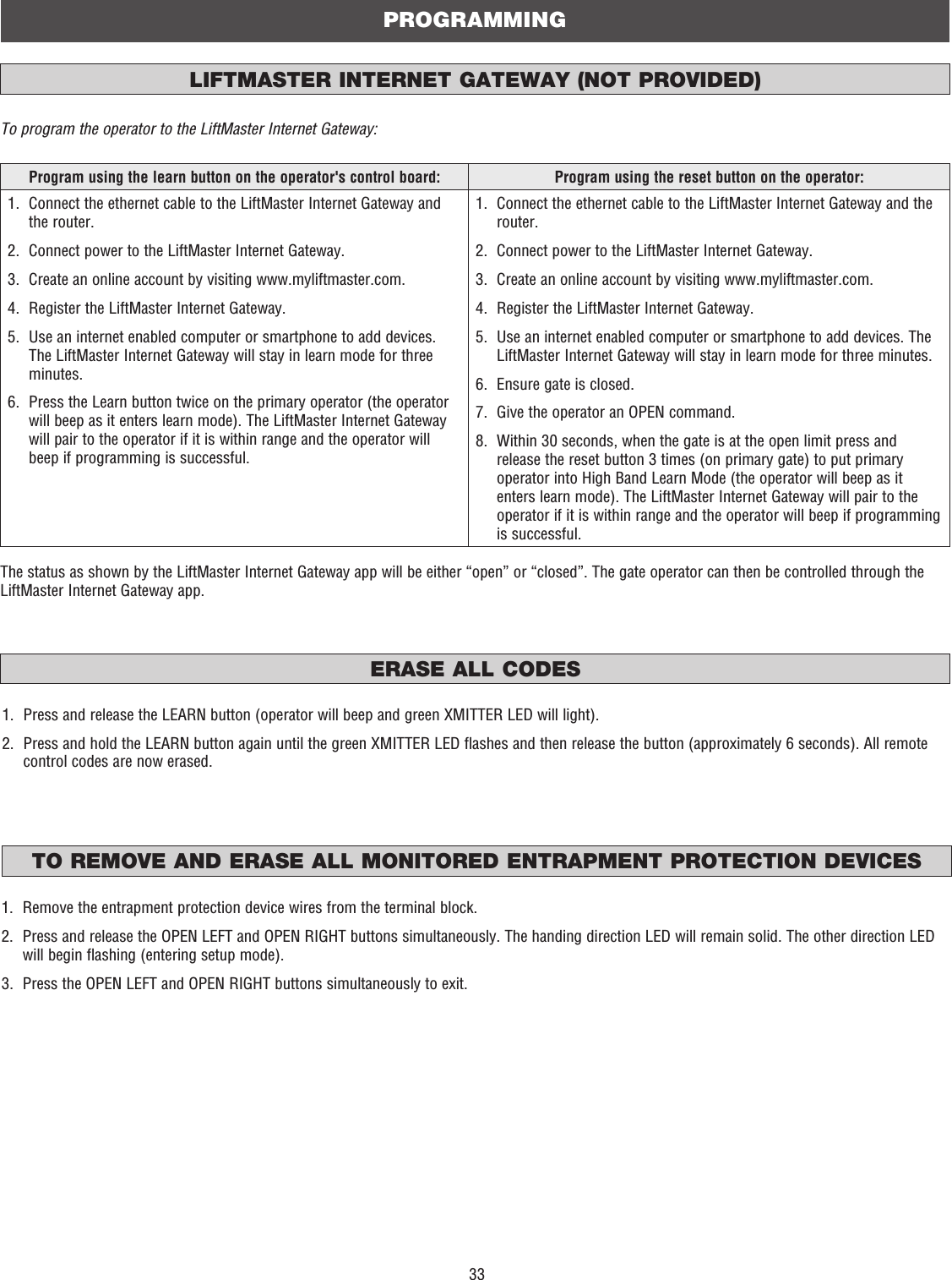 33PROGRAMMINGERASE ALL CODESTO REMOVE AND ERASE ALL MONITORED ENTRAPMENT PROTECTION DEVICESLIFTMASTER INTERNET GATEWAY (NOT PROVIDED)Program using the learn button on the operator&apos;s control board: Program using the reset button on the operator:1.   Connect the ethernet cable to the LiftMaster Internet Gateway and the router.2.   Connect power to the LiftMaster Internet Gateway.3.   Create an online account by visiting www.myliftmaster.com.4.   Register the LiftMaster Internet Gateway.5.   Use an internet enabled computer or smartphone to add devices. The LiftMaster Internet Gateway will stay in learn mode for three minutes.6.   Press the Learn button twice on the primary operator (the operator will beep as it enters learn mode). The LiftMaster Internet Gateway will pair to the operator if it is within range and the operator will beep if programming is successful.1.   Connect the ethernet cable to the LiftMaster Internet Gateway and the router.2.   Connect power to the LiftMaster Internet Gateway.3.   Create an online account by visiting www.myliftmaster.com.4.   Register the LiftMaster Internet Gateway.5.   Use an internet enabled computer or smartphone to add devices. The LiftMaster Internet Gateway will stay in learn mode for three minutes.6.   Ensure gate is closed.7.   Give the operator an OPEN command.8.   Within 30 seconds, when the gate is at the open limit press and release the reset button 3 times (on primary gate) to put primary operator into High Band Learn Mode (the operator will beep as it enters learn mode). The LiftMaster Internet Gateway will pair to the operator if it is within range and the operator will beep if programming is successful.To program the operator to the LiftMaster Internet Gateway:The status as shown by the LiftMaster Internet Gateway app will be either “open” or “closed”. The gate operator can then be controlled through the LiftMaster Internet Gateway app.1.   Press and release the LEARN button (operator will beep and green XMITTER LED will light).2.   Press and hold the LEARN button again until the green XMITTER LED flashes and then release the button (approximately 6 seconds). All remote control codes are now erased.1.   Remove the entrapment protection device wires from the terminal block.2.   Press and release the OPEN LEFT and OPEN RIGHT buttons simultaneously. The handing direction LED will remain solid. The other direction LED will begin flashing (entering setup mode).3.   Press the OPEN LEFT and OPEN RIGHT buttons simultaneously to exit.