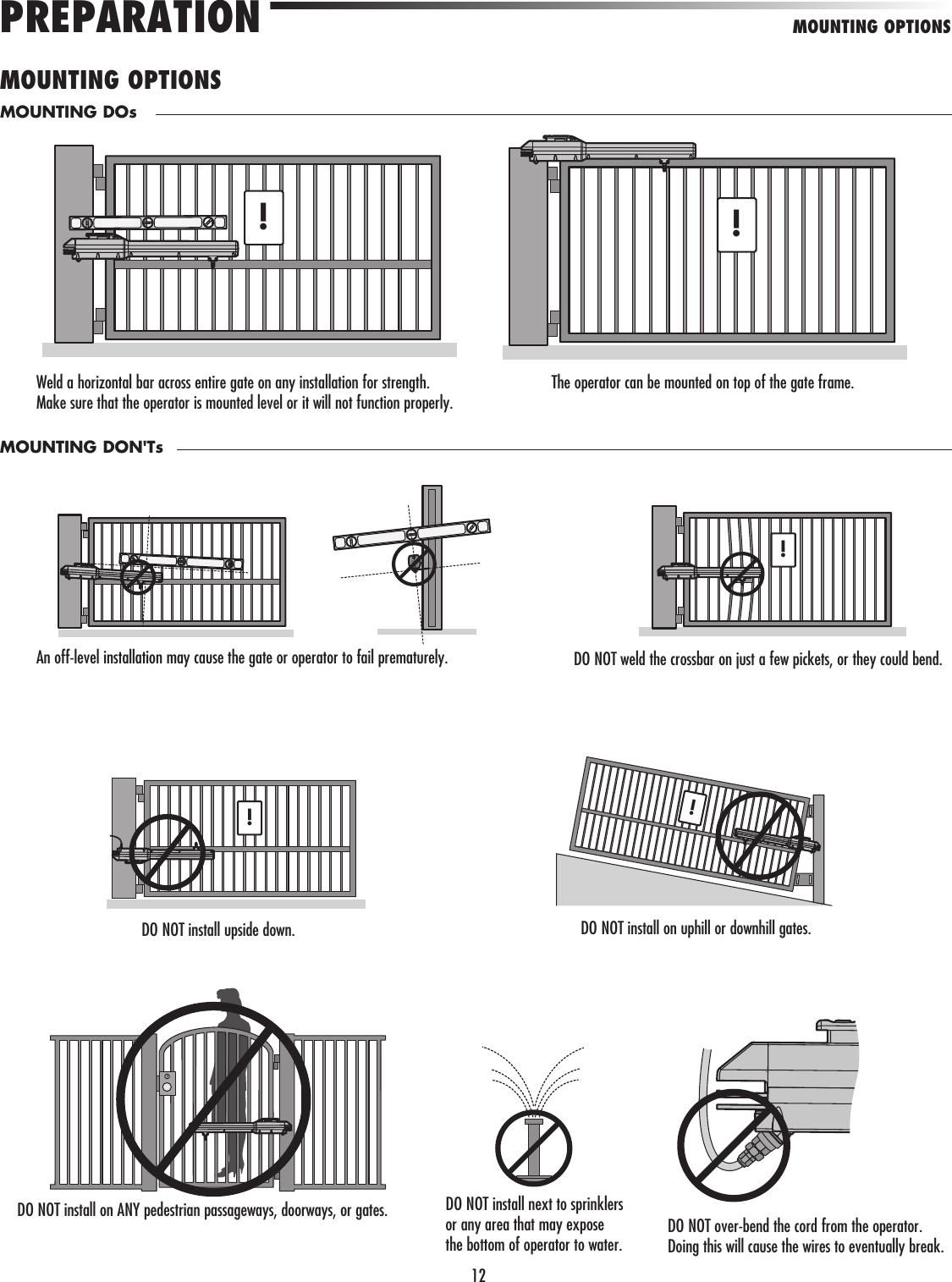 12MOUNTING OPTIONSPREPARATION!!!!!DO NOT weld the crossbar on just a few pickets, or they could bend.An off-level installation may cause the gate or operator to fail prematurely.The operator can be mounted on top of the gate frame.MOUNTING OPTIONSDO NOT install upside down.DO NOT install on ANY pedestrian passageways, doorways, or gates.DO NOT install on uphill or downhill gates.DO NOT install next to sprinklers or any area that may expose the bottom of operator to water. DO NOT over-bend the cord from the operator. Doing this will cause the wires to eventually break.Weld a horizontal bar across entire gate on any installation for strength. Make sure that the operator is mounted level or it will not function properly.MOUNTING DOsMOUNTING DON&apos;Ts