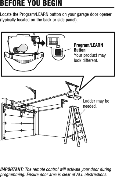 Locate the Program/LEARN button on your garage door opener (typically located on the back or side panel).Program/LEARN Button Your product may look different.BEFORE YOU BEGINIMPORTANT: The remote control will activate your door during programming. Ensure door area is clear of ALL obstructions.Ladder may be needed.