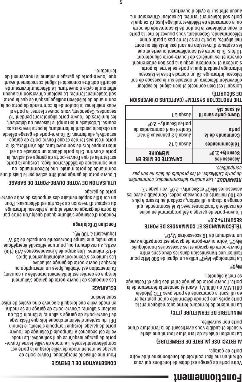 5FonctionnementVotre porte de garage est dotée de fonctions qui vous offrent un meilleur contrôle du fonctionnement de votre porte de garage. ALERT2CLOSE (ALERTE DE FERMETURE)La fonction d’alerte de fermeture fournit une alerte visuelle et audible vous avertissant de la fermeture d’une porte non surveillée.MINUTERIE DE FERMETURE (TTC)La minuterie de fermeture ferme automatiquement la porte après une période déterminée qu’on peut régler en utilisant la commande de porte avec TTC (Modele 881LMW ou 880LM). Avant et pendant la fermeture de la porte, l’ouvre-porte de garage émet des bips et l’éclairage se met à clignoter.MyQ®La technologie MyQ® utilise un signal de 900 MHz pour faciliter une transmission dans les deux sens entre l’ouvre-porte de garage et les accessoires homologués MyQ®. Votre ouvre-porte de garage est compatible avec un maximum de 16 accessoires MyQ®.TÉLÉCOMMANDES ET COMMANDES DE PORTE  SECURITY+ 2.0®L’ouvre-porte de garage a été programmé en usine de manière à fonctionner avec la télécommande, qui change à chaque utilisation, accédant au hasard à plus de 100 milliards de nouveaux codes. Compatible avec les accessoires MyQ® et Security+ 2.0®, voir page 17.REMARQUE : Les anciens telecommandes, commandes de porte LiftMaster, et les produits de tiers ne son pas compatibles.Accessories Security+ 2.0®CAPACITÉ DE MISE EN MÉMOIRETélécommandes Jusqu’à 12Commande de la porte Jusqu’à 2 panneaux Smart Control ou 4 commandes de portes Security+ 2.0®Ouvre-porte sans ﬁ l et sans clé Jusqu’à 1THE PROTECTOR SYSTEM® (CAPTEURS D’INVERSION DE SÉCURITÉ)Lorsqu’il est bien connecté et bien aligné, le capteur d’inversion détectera un obstacle sur le passage de son faisceau infrarouge. Si un obstacle brise le faisceau infrarouge pendant que la porte se ferme, la porte s’arrêtera et remontera jusqu’à la position entièrement ouverte et les lumières de l’ouvre-porte clignoteront 10 fois. Si la porte est complètement ouverte et que les capteurs d’inversion ne sont pas installés ou sont mal alignés, la porte ne se ferme pas à partir d’une télécommande. Cependant, vous pouvez fermer la porte si vous maintenez le bouton de la commande de porte ou la commande de télédéverrouillage jusqu’à ce que la porte soit totalement fermée. Le capteur d’inversion n’a aucun effet sur le cycle d’ouverture.CONSERVATION DE L’ÉNERGIEPour une efﬁ cacité énergétique, l’ouvre-porte de garage se met en mode de veille lorsque la porte est complètement fermée. Le mode de veille ferme l’ouvre-porte de garage jusqu’à ce qu’il soit activé. Le mode veille est séquencé à l’ampoule d’éclairage de l’ouvre-porte de garage; lorsque l’ampoule s’éteint, le témoin DEL du capteur s’éteint et chaque fois que l’éclairage de l’ouvre-porte de garage s’allume, le témoin DEL du capteur s’allume. L’ouvre-porte de garage ne se mettra en mode veille que lorsqu’il a achevé cinq cycles de mise sous tension.ÉCLAIRAGELes ampoules de l’ouvre-porte de garage s’allument lorsque ce dernier est initialement branchée au courant; l’alimentation est rétablie, âpres un interruption ou lorsque l’ouvre-porte de garage est active. Les lumières s’eteindront automatiquement âpres 4-1/2 minutes. Une ampoule à incandescence A19 (100 watts, au maximum) ou, pour une efﬁ cacité énergétique maximale, une lampe ﬂ ourescente compacte de 26 W (équivalant à 100 W).Fonction D’ÉclairageFonction d’eclairage s’allume quand quelqu’un entre par la porte de garage ouverte et que le faisceau infrarouge du capteur d’inversion de sécurité est défectueux. Pour un contrôle supplémentaire des ampoules de votre ouvre-porte de garage.UTILISATION DE VOTRE OUVRE-PORTE DE GARAGEL’ouvre-porte de garage peut être activé par le biais d’une commande de porte murale, une télécommande, ou une commande de télédéverrouillage. Lorsque la porte est fermée et que l’ouvre-porte de garage est activé, la porte s’ouvrira. Si la porte détecte un obstacle ou est interrompue lors de son ouverture, elle s’arrêtera. Si le porte n’est pas fermée et que l’ouvre-porte de garage est activé, elle fermer. Si l’ouvre-porte de garage détecte un obstacle pendant la fermeture, la porte inversera sa course. L’obstacle interrompt le faisceau du détecteur, les lumières de l’ouvre-porte clignoteront pendant 10 secondes. Cependant, vous pouvez fermer la porte si vous maintenez le bouton de la commande de porte ou la commande de télédéverrouillage jusqu’à ce que la porte soit totalement fermée. Le capteur d’inversion n’a aucun effet sur le cycle d’ouverture. Le détecteur inverseur de sécurité doit être connecté et aligné correctement avant que l’ouvre-porte de garage n’entame le mouvement de fermeture.