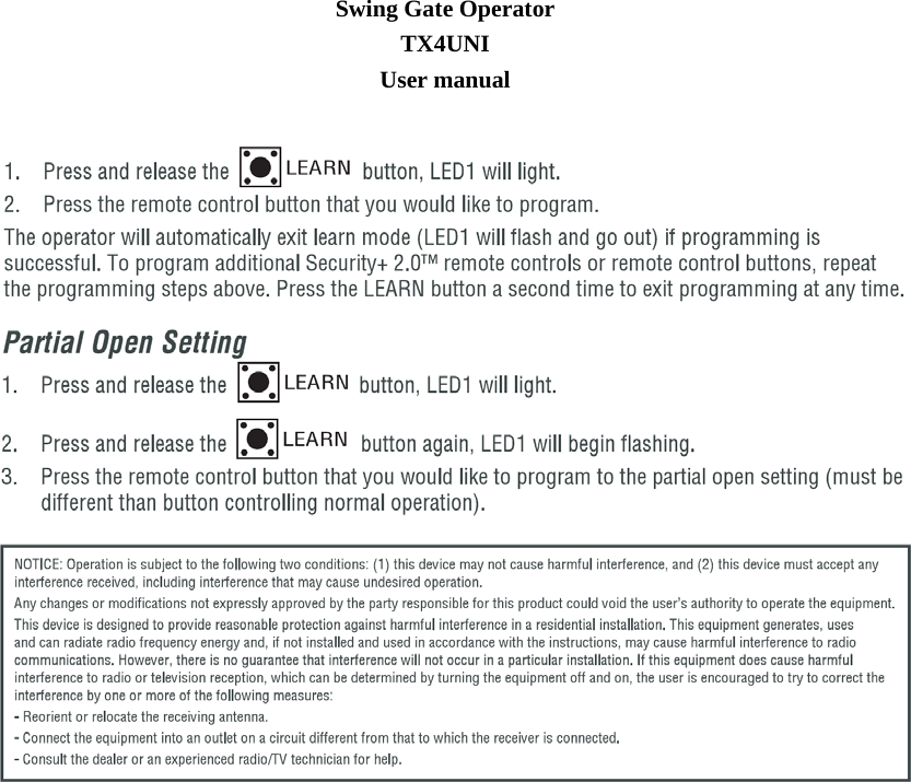 Swing Gate Operator TX4UNI User manual   