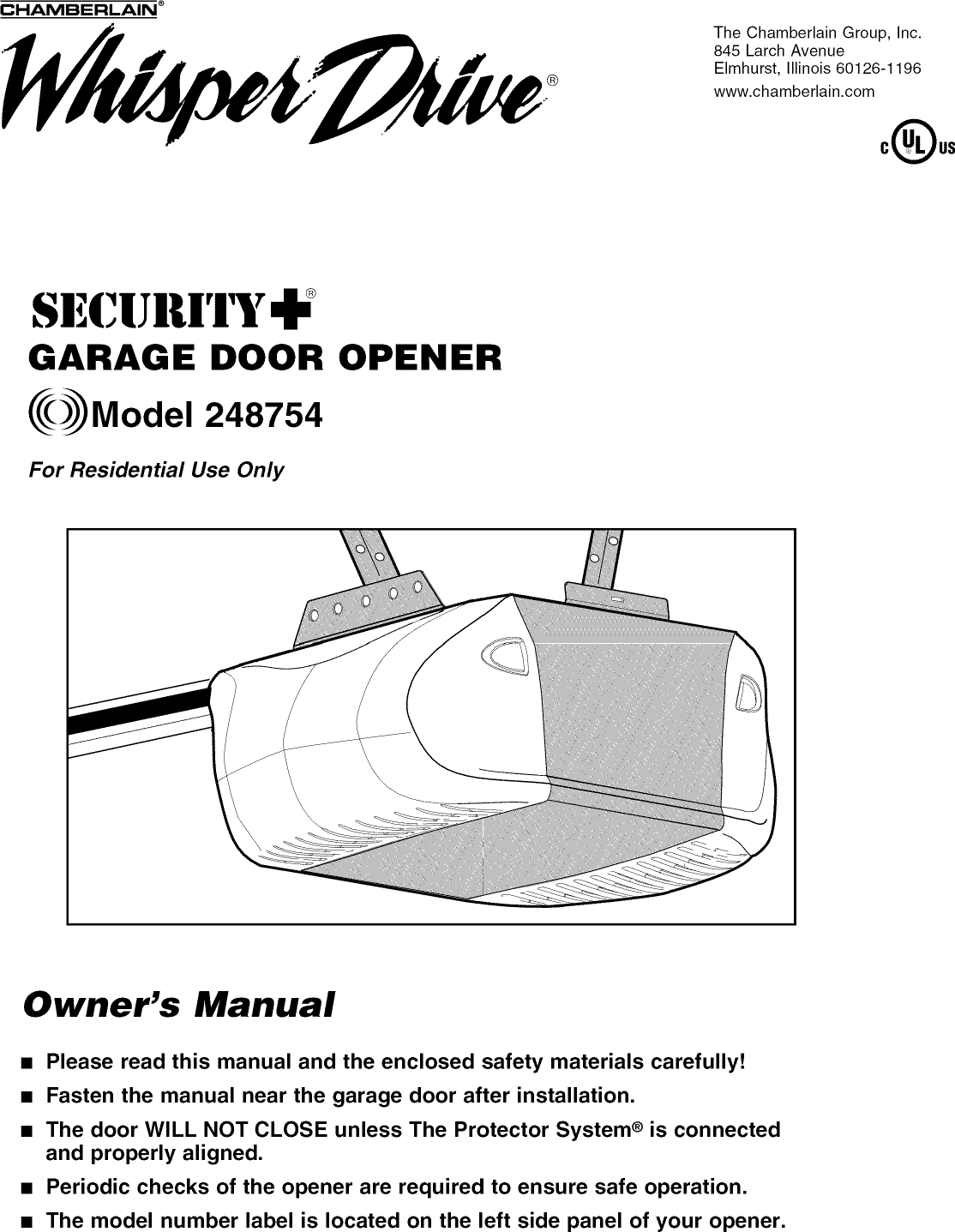 Chamberlain 248754 User Manual Garage Door Opener Manuals And