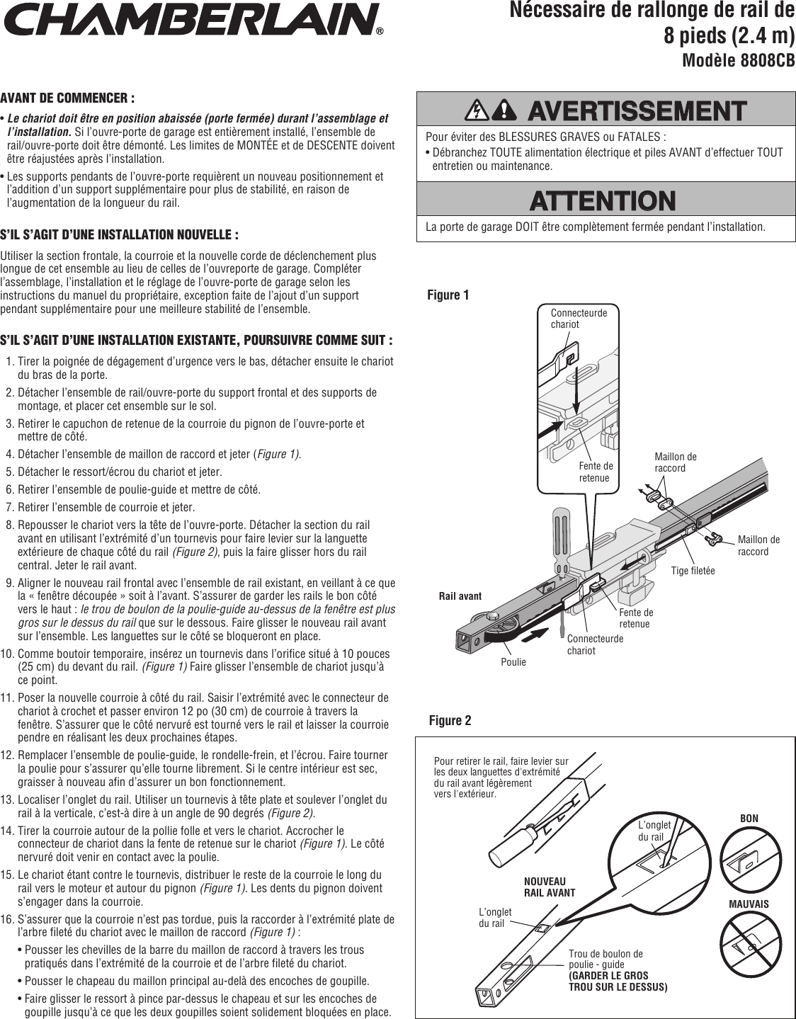 Page 3 of 4 - Chamberlain Chamberlain-8808Cb-For-Belt-Drive-Operators-Users-Manual- Eight-Foot Rail Extension Kit,  8808CB Chamberlain-8808cb-for-belt-drive-operators-users-manual