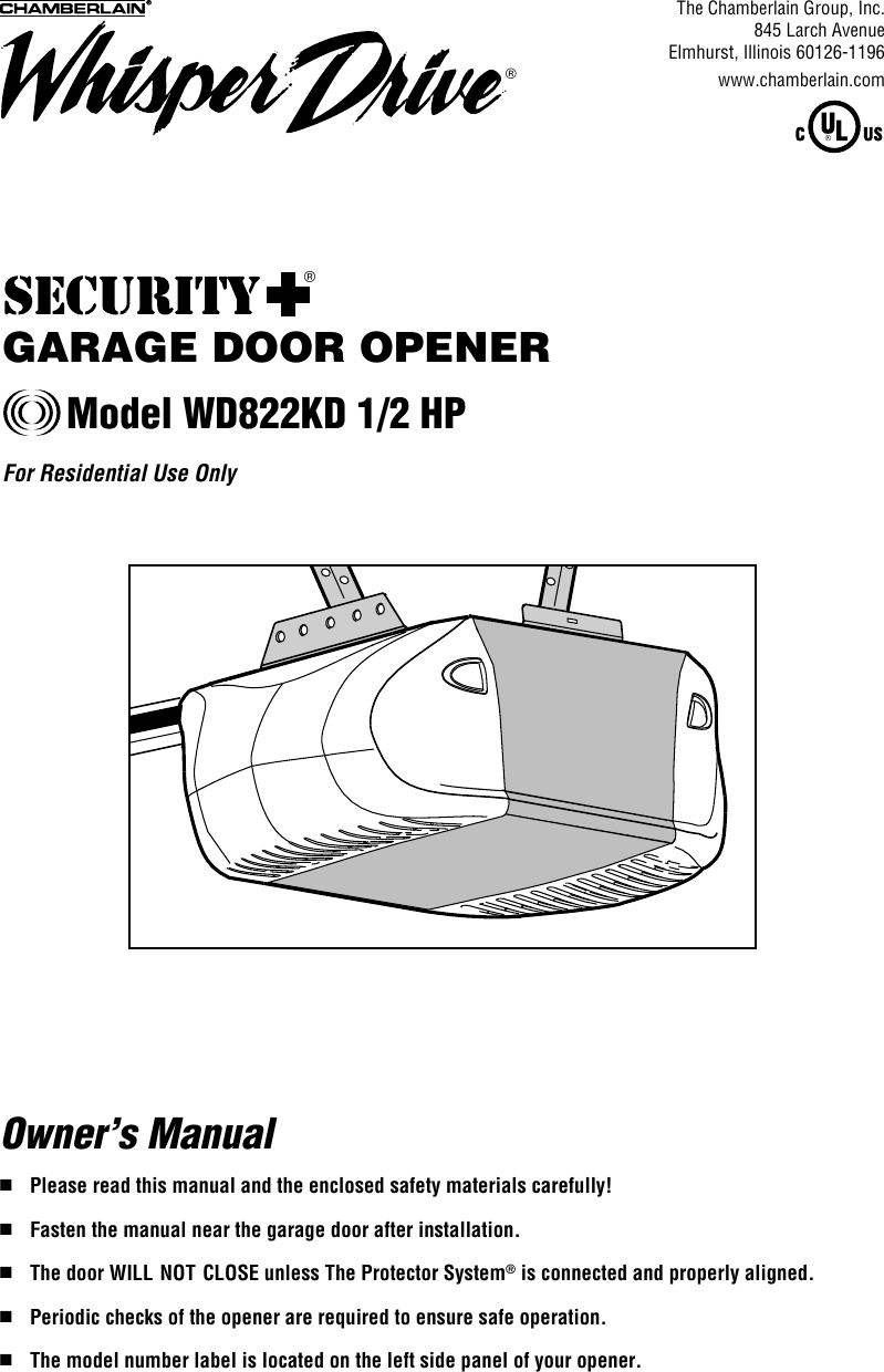 Chamberlain Whisper Drive Wd822kd Users Manual 114a4282