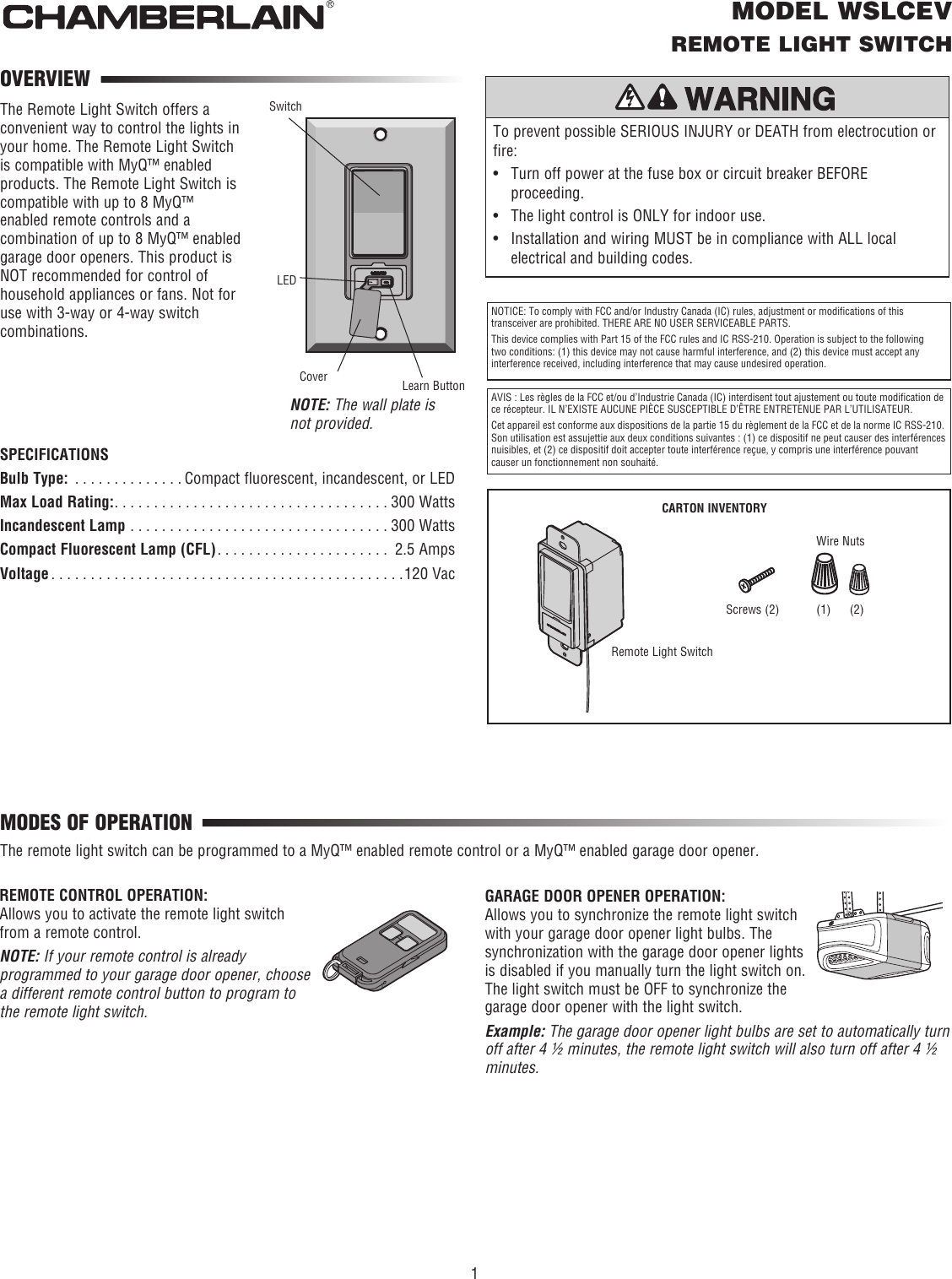 Page 1 of 4 - Chamberlain Chamberlain-Wslcev-Remote-Light-Switch-Users-Manual-  Chamberlain-wslcev-remote-light-switch-users-manual