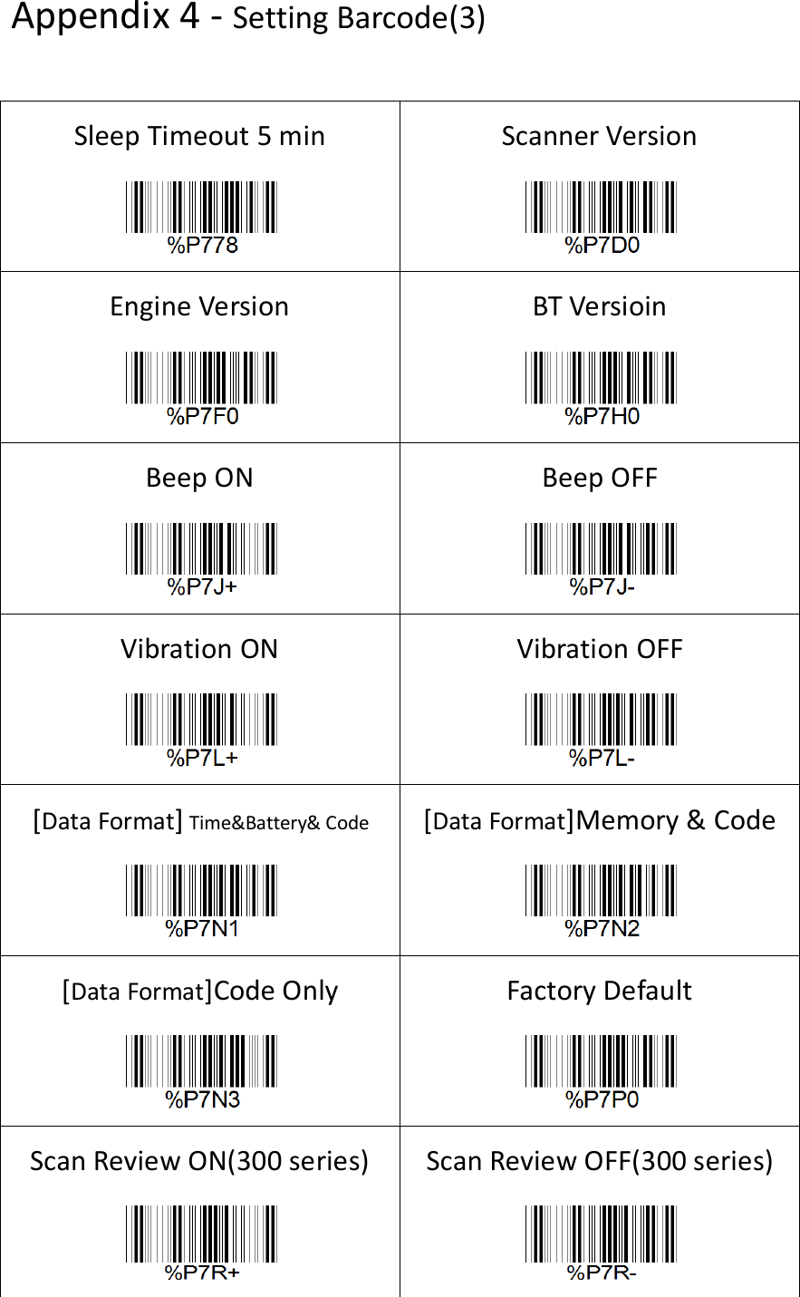 Appendix 4 - Setting Barcode(3) Sleep Timeout 5 min    Scanner Version  Engine Version  BT Versioin  Beep ON  Beep OFF  Vibration ON  Vibration OFF  [Data Format] Time&amp;Battery&amp; Code  [Data Format]Memory &amp; Code  [Data Format]Code Only  Factory Default  Scan Review ON(300 series)  Scan Review OFF(300 series)  