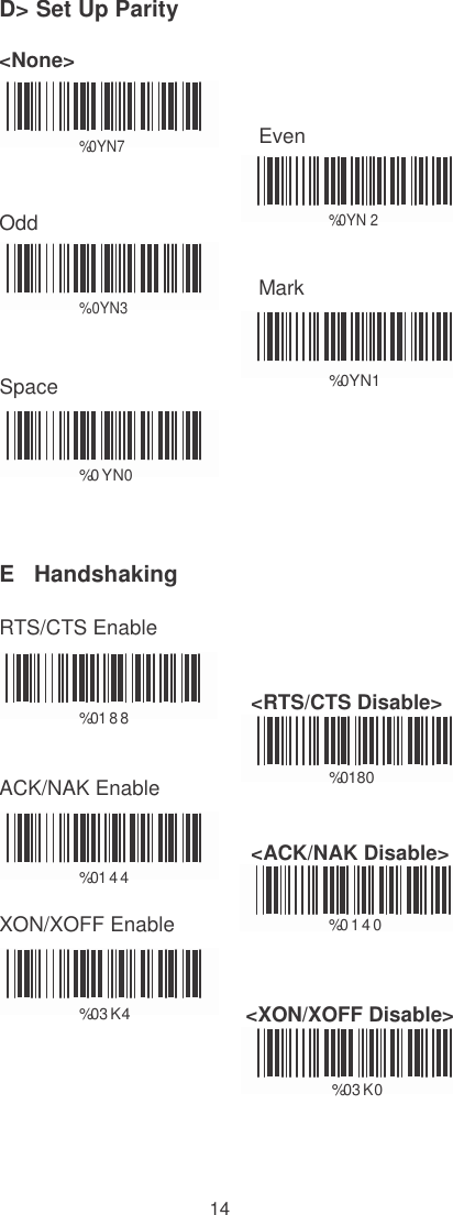 14    D&gt; Set Up Parity  &lt;None&gt;    %0YN7 Even   Odd %0YN 2    %0YN3 Mark   Space %0YN1   %0 YN0    E   Handshaking  RTS/CTS Enable    %0 188  &lt;RTS/CTS Disable&gt;                                                ACK/NAK Enable %0 1 8 0     %0 144  &lt;ACK/NAK Disable&gt;  XON/XOFF Enable %0 1 4 0     %03 K4  &lt;XON/XOFF Disable&gt;                                                %03 K0 