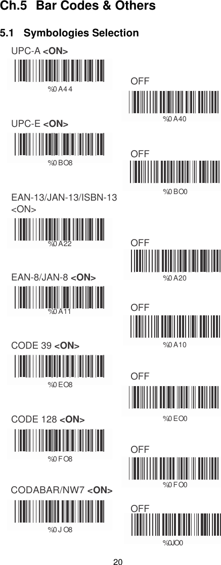   20  Ch.5  Bar Codes &amp; Others 5.1   SymboIogies Selection UPC-A &lt;ON&gt;   %0 A4 4 OFF   UPC-E &lt;ON&gt; %0 A40    %0 BO8 OFF   EAN-13/JAN-13/ISBN-13 &lt;ON&gt; %0 BO0    %0 A22 OFF   EAN-8/JAN-8 &lt;ON&gt;  %0 A20    %0 A11 OFF   CODE 39 &lt;ON&gt; %0 A10    %0 EO8 OFF   CODE 128 &lt;ON&gt; %0 EO0    %0 F O8 OFF                                                     CODABAR/NW7 &lt;ON&gt;  %0 F O0    %0 J O8 OFF                                                          %0 J O 0 