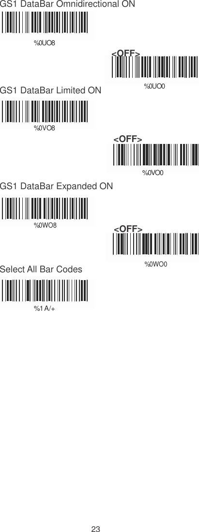    GS1 DataBar Omnidirectional ON   %   0 UO8                                            &lt;OFF&gt;    GS1 DataBar Limited ON  %   0 UO0   %   0VO8 &lt;OFF&gt;                                                          %0VO0 GS1 DataBar Expanded ON     %   0WO8  &lt;OFF&gt;                                                            Select All Bar Codes %   0WO0    %  1 A/+                      23 