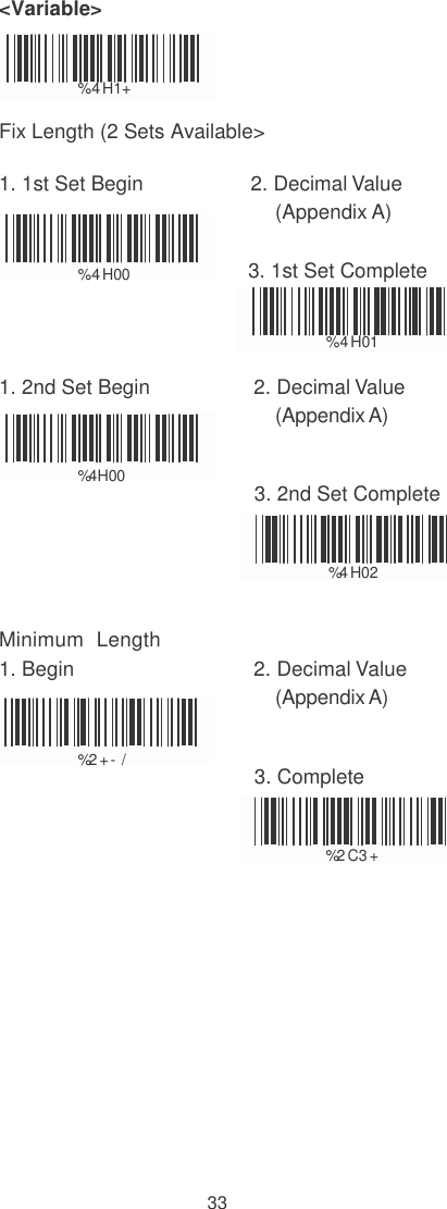    &lt;Variable&gt;    %  4 H1+  Fix Length (2 Sets Available&gt;  1. 1st Set Begin                   2. Decimal Value (Appendix A)   %  4 H00                             3. 1st Set Complete   %  4 H01  1. 2nd Set Begin  2. Decimal Value (Appendix A)  %4H00                                            3. 2nd Set Complete                %4 H02   Minimum  Length 1. Begin  2. Decimal Value (Appendix A)   %2 + - /                                            3. Complete   %2 C3 +               33 