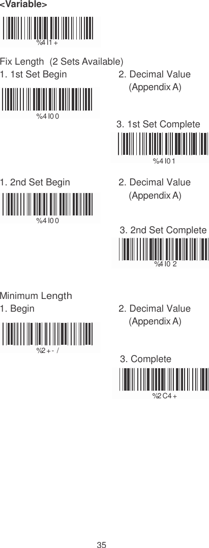    &lt;Variable&gt;    %4 I1 +  Fix Length  (2 Sets Available) 1. 1st Set Begin  2. Decimal Value (Appendix A)   %  4 I00                                            3. 1st Set Complete   %  4 I01  1. 2nd Set Begin  2. Decimal Value (Appendix A)  %  4 I00                                             3. 2nd Set Complete   %4 I0 2   Minimum Length 1. Begin  2. Decimal Value (Appendix A)   %2 + - /                                            3. Complete   %2 C4 +              35 