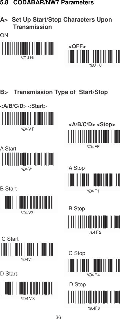    5.8  CODABAR/NW7 Parameters  A&gt;  Set Up Start/Stop Characters Upon  Transmission ON    %C J H1 &lt;OFF&gt; %0 J H0    B&gt;   Transmission Type of  Start/Stop  &lt;A/B/C/D&gt; &lt;Start&gt;    %0 4 V  F &lt;A/B/C/D&gt; &lt;Stop&gt;   A Start %0 4 FF    %0 4 V1 A Stop   B Start  %0 4 F1    %0 4 V2 B Stop   %0 4 F 2         C Start    C Stop %0     4   V   4  D Start  %0 4 F 4                                               D Stop  %0  4  V  8   %  0  4   F    8  36 