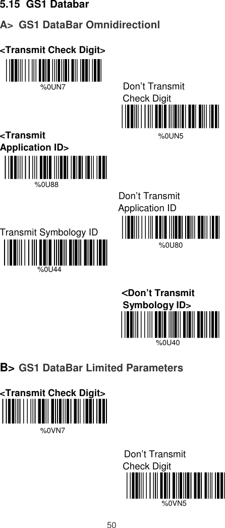   5.15  GS1 Databar A&gt;  GS1 DataBar Omnidirectionl  &lt;Transmit Check Digit&gt;                 %0UN7                            Don’t Transmit  Check Digit                  %0UN5                %0U88                                          Don’t Transmit Application ID  Transmit Symbology ID                                                        %0U80               %0U44                                            &lt;Don’t Transmit Symbology ID&gt;                                                         %0U40   B&gt; GS1 DataBar Limited Parameters  &lt;Transmit Check Digit&gt;   %0VN7                                             Don’t Transmit  Check Digit                                                           %0VN5  50 &lt;Transmit  Application ID&gt; 