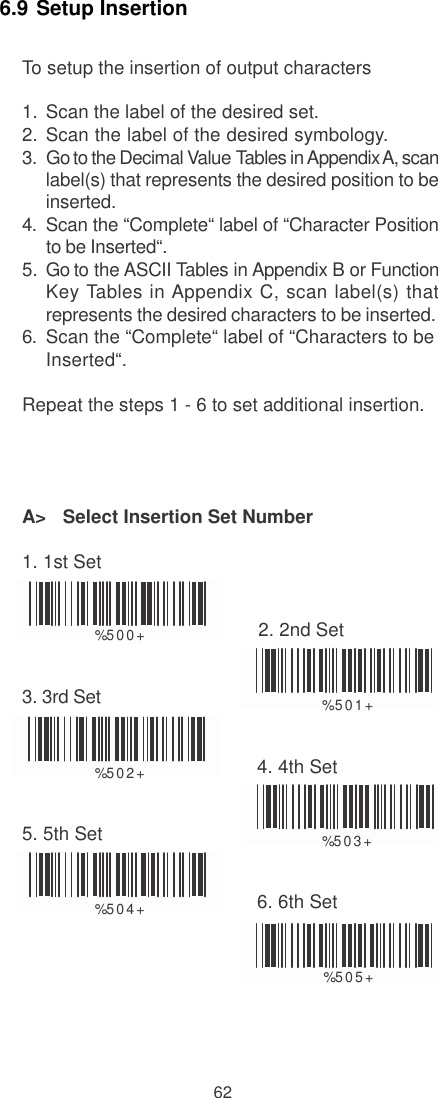    6.9 Setup Insertion  To setup the insertion of output characters   1.  Scan the label of the desired set. 2.  Scan the label of the desired symbology. 3.  Go to the Decimal Value Tables in Appendix A, scan label(s) that represents the desired position to be inserted. 4.  Scan the “Complete“ label of “Character Position to be Inserted“. 5.  Go to the ASCII Tables in Appendix B or Function Key Tables in Appendix C, scan label(s) that represents the desired characters to be inserted. 6.  Scan the “Complete“ label of “Characters to be Inserted“.  Repeat the steps 1 - 6 to set additional insertion.     A&gt;   Select Insertion Set Number  1. 1st Set    % 5 00+  2. 2nd Set   3. 3rd Set  %  5 01+     % 5 02+  4. 4th Set   5. 5th Set  % 5 03+     % 5 04+  6. 6th Set   % 5 05+      62 