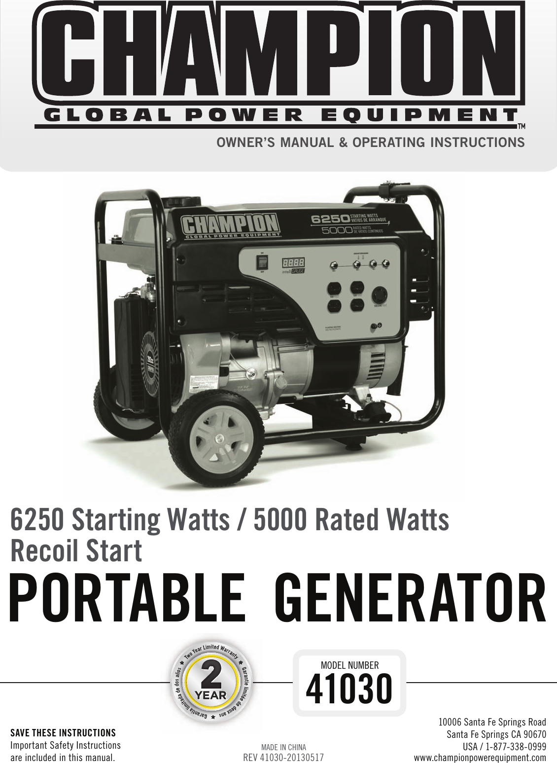 Champion Power Equipment 41030 Owners Manual 41030_manual english_05 17