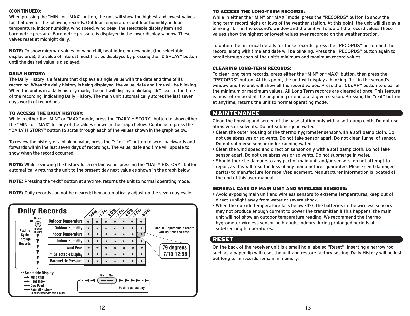 (CONTINUED):When pressing the “MIN” or “MAX” button, the unit will show the highest and lowest valves for that day for the following records. Outdoor temperature, outdoor humidity, indoor temperature, indoor humidity, wind speed, wind peak, the selectable display item and barometric pressure. Barometric pressure is displayed in the lower display window. These valves reset at midnight daily.NOTE: To show min/max values for wind chill, heat index, or dew point (the selectable display area), the value of interest must first be displayed by pressing the “DISPLAY” button until the desired value is displayed. DAILY HISTORY: The Daily History is a feature that displays a single value with the date and time of its recording. When the daily history is being displayed, the value, date and time will be blinking. When the unit is in a daily history mode, the unit will display a blinking “dr” next to the time of the recording, indicating Daily History. The main unit automatically stores the last seven days worth of recordings.TO ACCESS THE DAILY HISTORY: While in either the “MIN” or “MAX” mode, press the “DAILY HISTORY” button to show either the “MIN” or “MAX” for any of the values shown in the graph below.  Continue to press the “DAILY HISTORY” button to scroll through each of the values shown in the graph below. To review the history of a blinking value, press the “-“ or “+” button to scroll backwards and forwards within the last seven days of recordings. The value, date and time will update to show when the record occurred. NOTE: While reviewing the history for a certain value, pressing the “DAILY HISTORY” button automatically returns the unit to the present-day next value as shown in the graph below.NOTE: Pressing the “exit” button at anytime, returns the unit to normal operating mode.NOTE: Daily records can not be cleared; they automatically adjust on the seven day cycle.DisplayHistoryOutdoor TemperatureOutdoor HumidityIndoor TemperatureIndoor HumidityWind Peak** Selectable DisplayBarometric PressureTO ACCESS THE LONG-TERM RECORDS:While in either the “MIN” or “MAX” mode, press the “RECORDS” button to show the long-term record highs or lows of the weather station. At this point, the unit will display a blinking “Lr” in the second’s window and the unit will show all the record values.These values show the highest or lowest values ever recorded on the weather station. To obtain the historical details for these records, press the “RECORDS” button and the record, along with time and date will be blinking. Press the “RECORDS” button again to scroll through each of the unit’s minimum and maximum record values. CLEARING LONG-TERM RECORDS: To clear long-term records, press either the “MIN” or “MAX” button, then press the “RECORDS” button. At this point, the unit will display a blinking “Lr” in the second’s window and the unit will show all the record values. Press the “CLEAR” button to clear all the minimum or maximum values. All Long-Term records are cleared at once. This feature is most often used at the beginning or end a of a given season. Pressing the “exit” button at anytime, returns the unit to normal operating mode.MAINTENANCEClean the housing and screen of the base station only with a soft damp cloth. Do not use abrasives or solvents. Do not submerge in water.• Clean the outer housing of the thermo-hygrometer sensor with a soft damp cloth. Do   not use abrasives or solvents. Do not take sensor apart. Do not clean funnel of sensor.     Do not submerse sensor under running water.• Clean the wind speed and direction sensor only with a soft damp cloth. Do not take    sensor apart. Do not use abrasives or solvents. Do not submerge in water.• Should there be damage to any part of main unit and/or sensors, do not attempt to    repair, as this will result in loss of any manufacturer guarantee. Please send damaged    part(s) to manufacture for repair/replacement. Manufacturer information is located at    the end of this user manual.GENERAL CARE OF MAIN UNIT AND WIRELESS SENSORS:• Avoid exposing main unit and wireless sensors to extreme temperatures, keep out of    direct sunlight away from water or severe shock.• When the outside temperature falls below -4ºF, the batteries in the wireless sensors    may not produce enough current to power the transmitter, if this happens, the main    unit will not show an outdoor temperature reading. We recommend the thermo-   hygrometer wireless sensor be brought indoors during prolonged periods of      sub-freezing temperatures.RESETOn the back of the receiver unit is a small hole labeled “Reset”. Inserting a narrow rod such as a paperclip will reset the unit and restore factory setting. Daily History will be lost but long term records remain in memory.12 13Wind ChillHeat IndexDew PointRainfall History(If connected with rain gauge)