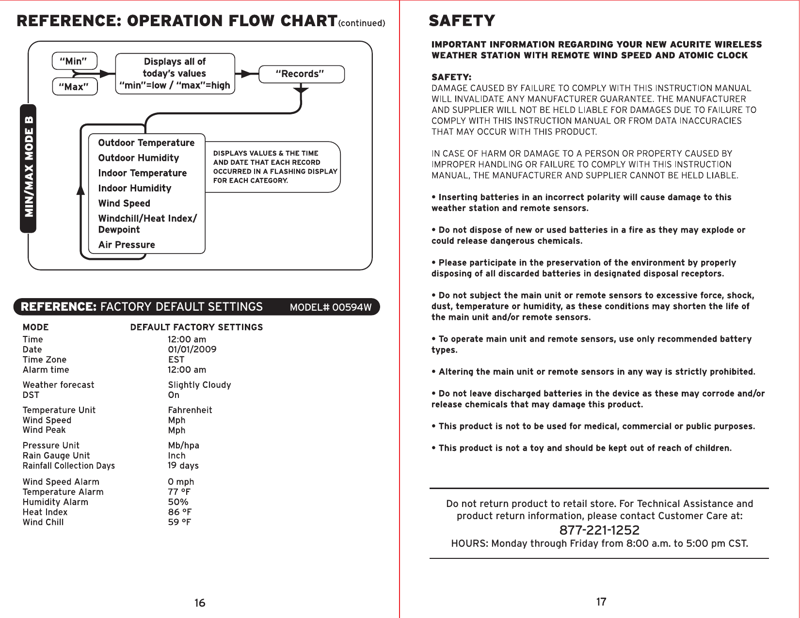 REFERENCE: FACTORY DEFAULT SETTINGS         MODEL# 00594WDo not return product to retail store. For Technical Assistance andproduct return information, please contact Customer Care at:877-221-1252HOURS: Monday through Friday from 8:00 a.m. to 5:00 pm CST.“Records”2009EST190Wind Peak